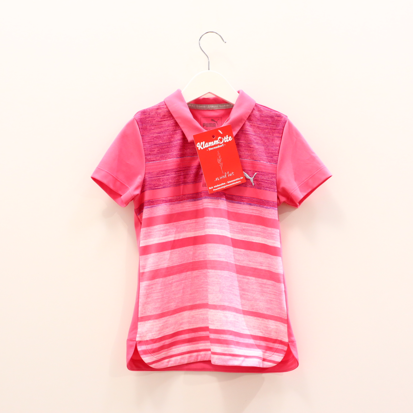 Oberteil PUMA 128 rosa gestreift/Logo/Stickerei kurzarm/Sportshirt Baumwolle/Elasthan/Polyester Kragen