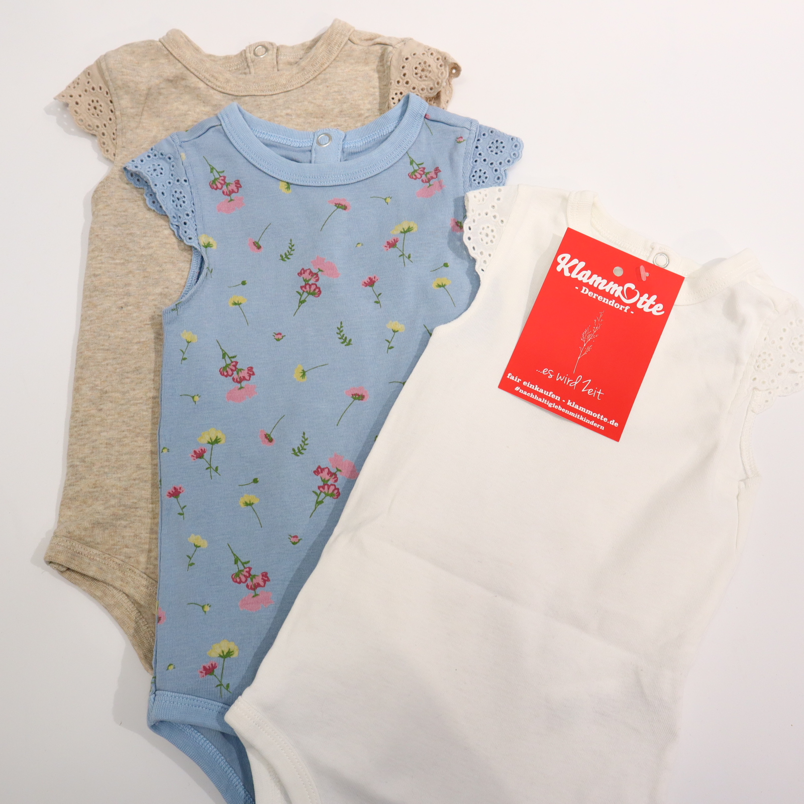 Body TCM 86/92 hellblau/weiß/walnuss ärmellos/3er Set Allover Print/Blumen/melange/Spitze Bio-Baumwolle