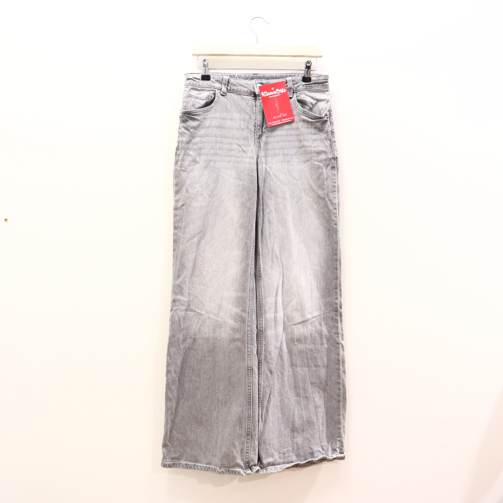 Hose H&M Jeans 170 grau Denim Knopf/Reißverschluß/verstellb. Bund Baggy/Bootcut