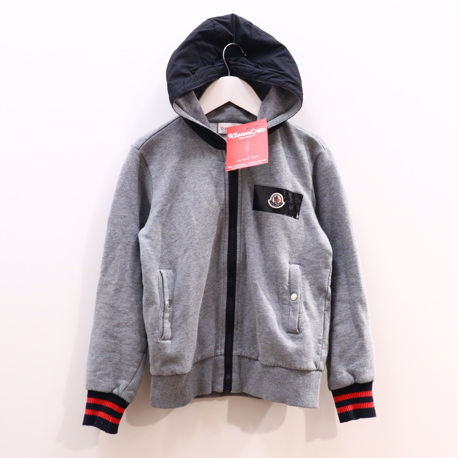 Oberteil MONCLER Gr. 140 Kapuzenjacke grau/schwarz Baumwolle Applikation/Logo/melange