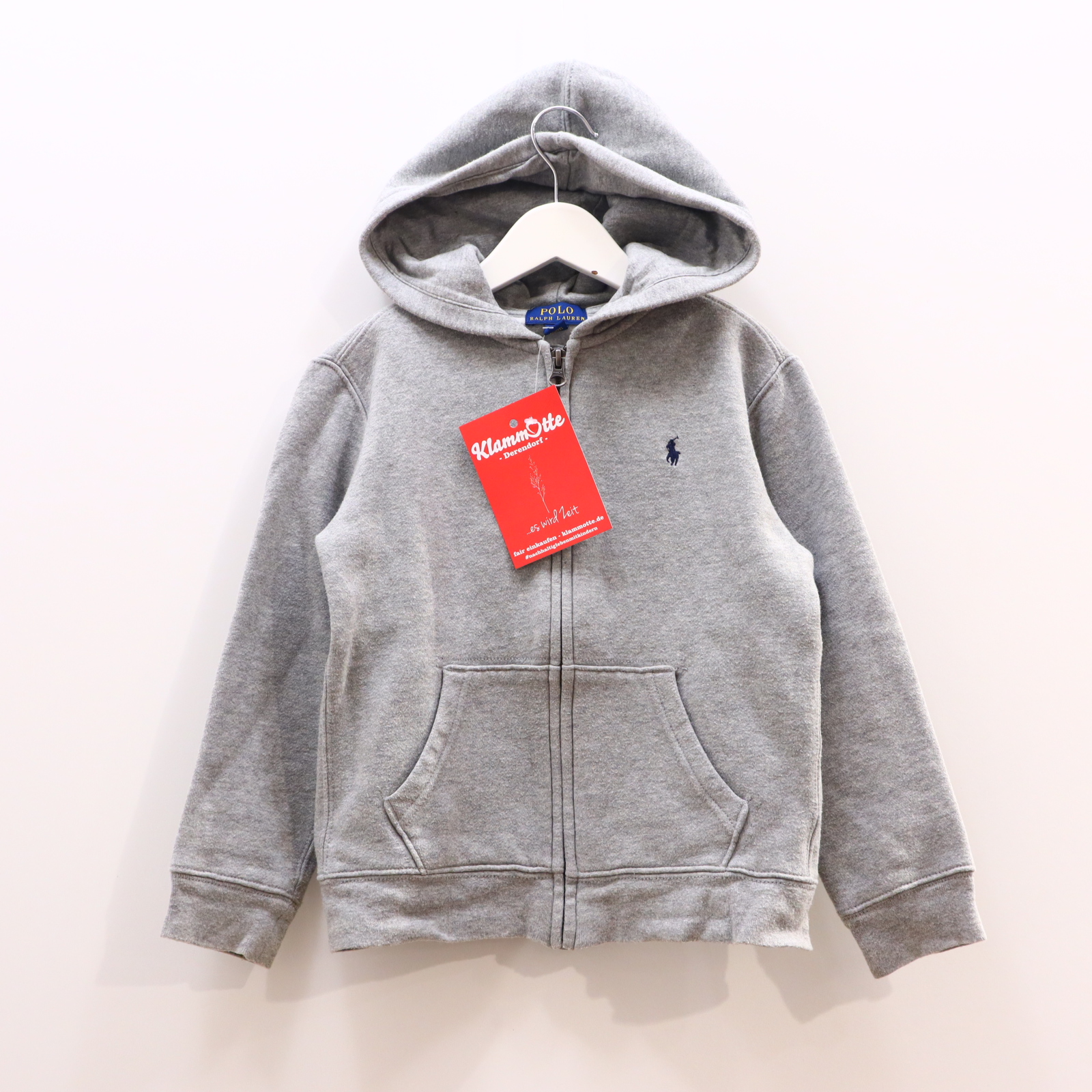 Oberteil RALPH LAUREN Gr. 116 Kapuzenjacke grau Baumwolle/Polyester Logo/melange/Stickerrei