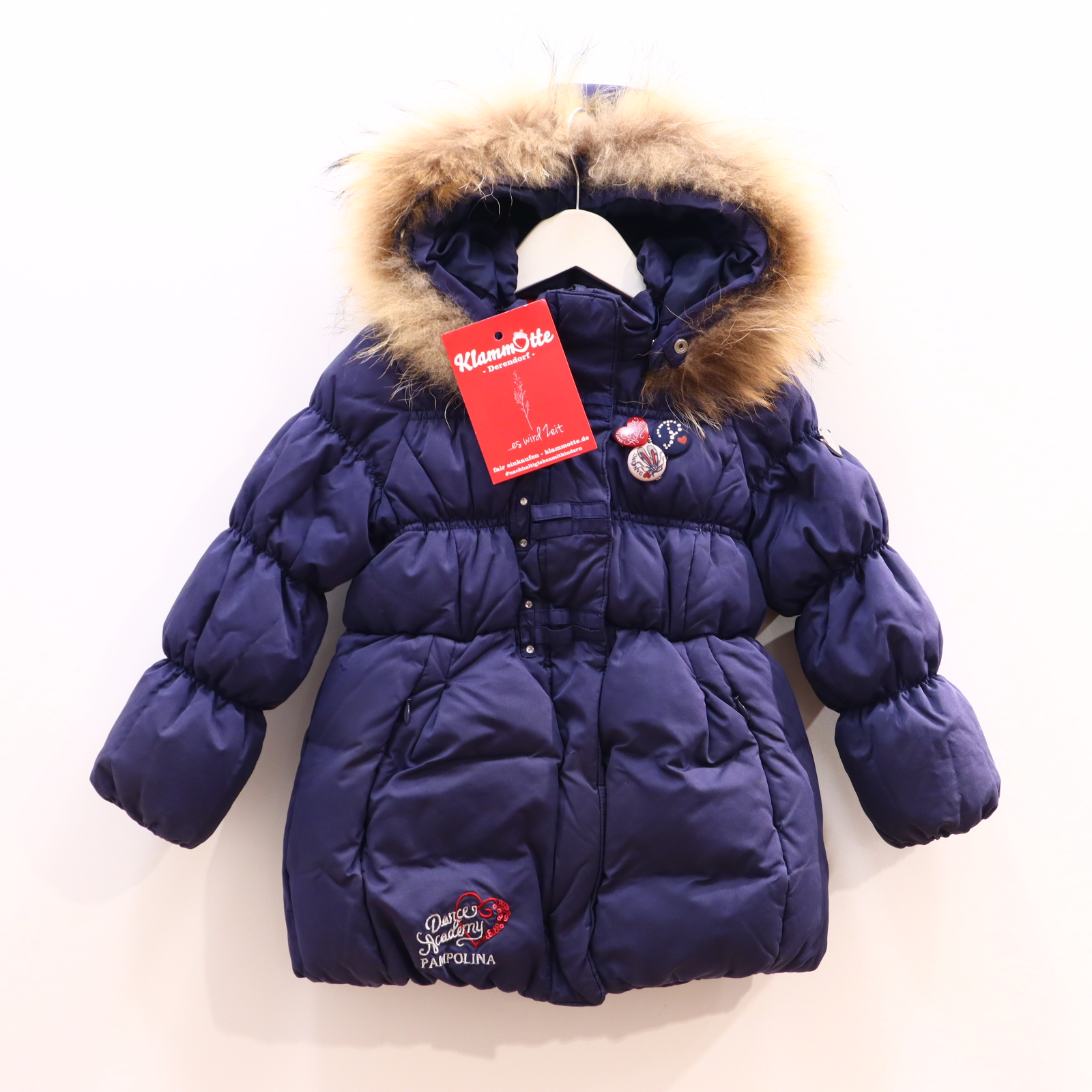 Jacke Pampolina Daunenjacke/Steppjacke 92 Daunen/Federn blau Herbst/Winter Applikation/Strass abnehmb. Fellbesatz/abnehmb. Kapuze/Echtfellbesatz