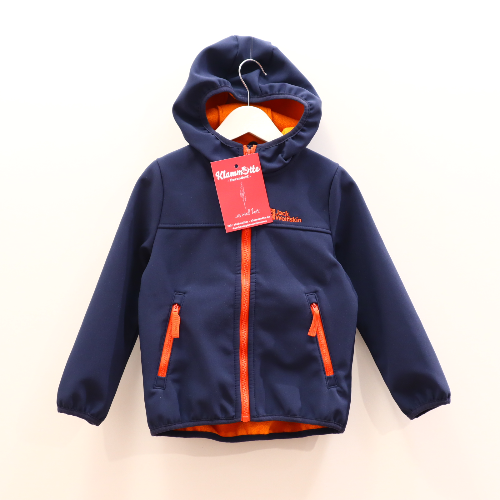 Jacke Jack Wolfskin 104 blau/orange Logo/Stickerei Softshelljacke abnehmb. Kapuze
