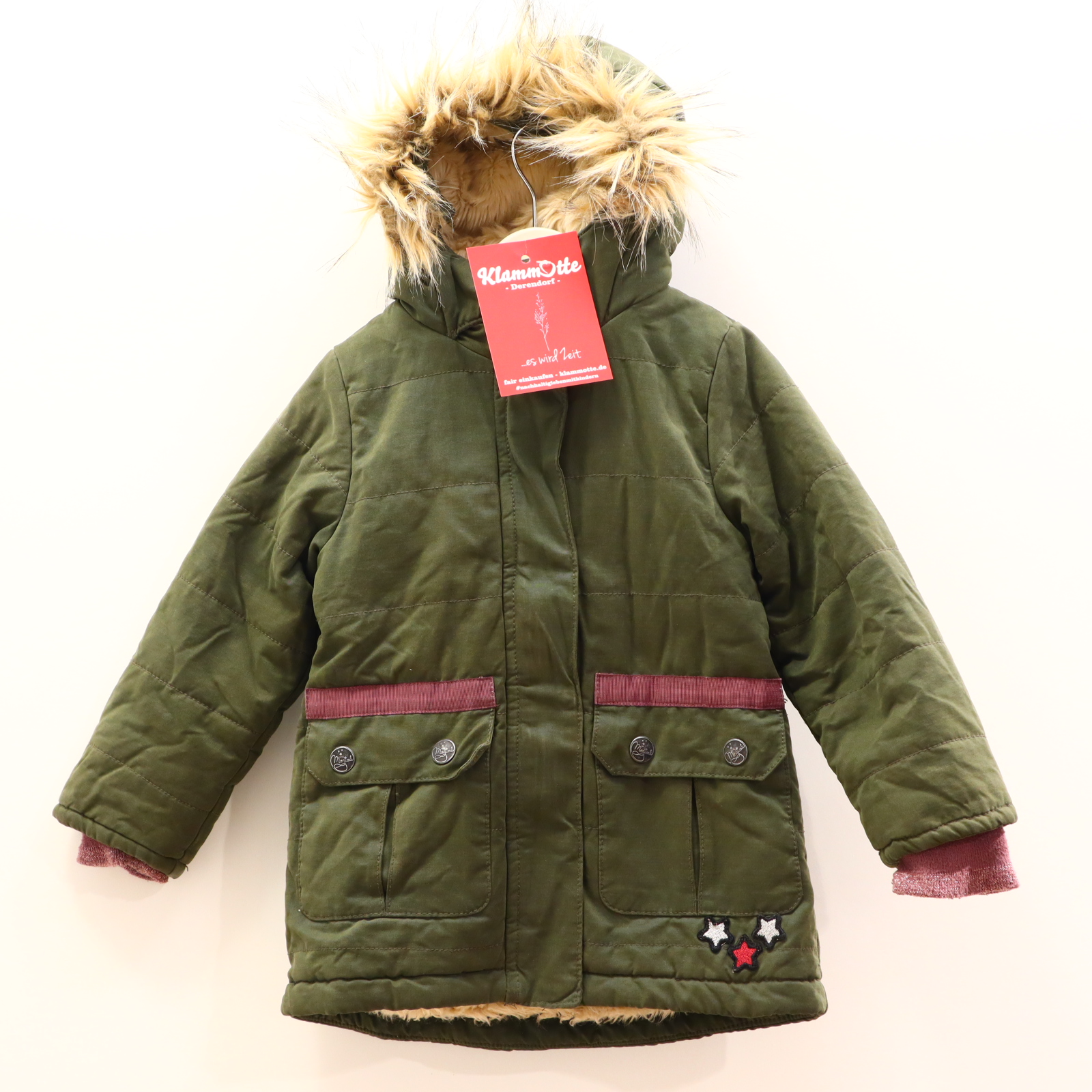Jacke Parka 98/104 oliv Herbst/Winter Applikation abnehmb. Fellbesatz/abnehmb. Kapuze/Teddyfutter