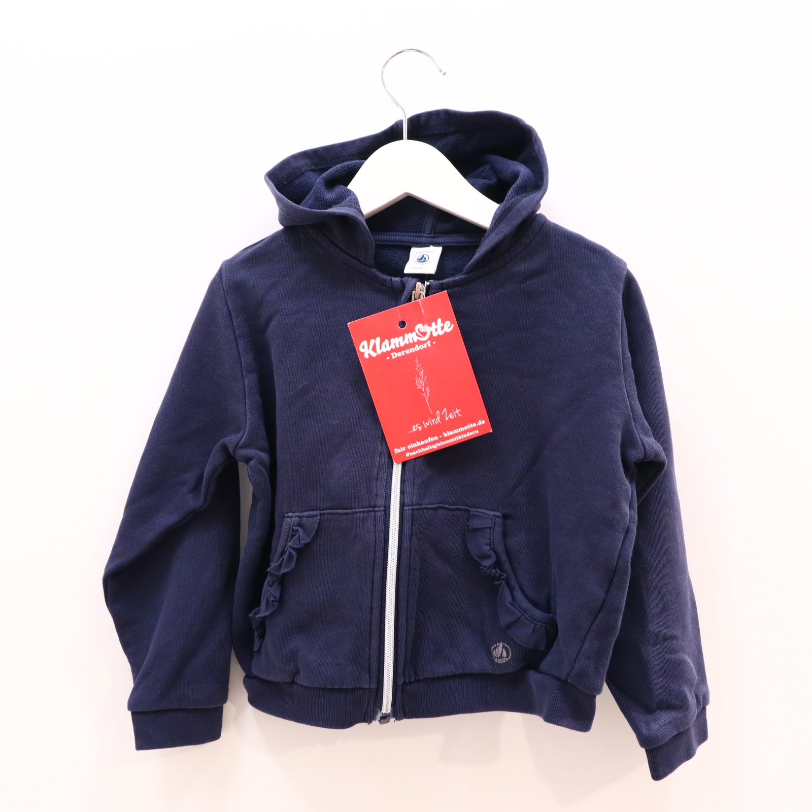 Oberteil PETIT BATEAU 104 blau Logo/Print/Rüschen Kapuzenjacke Baumwolle ganz leicht blass