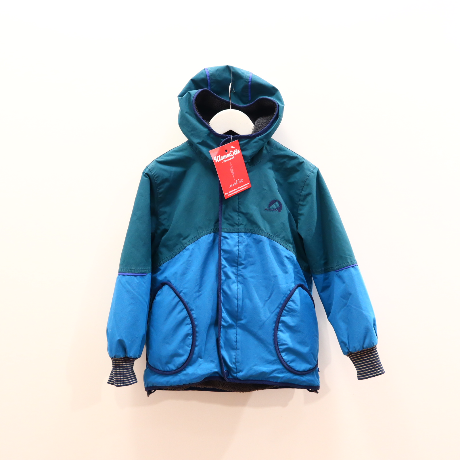 Jacke FINKID 122/128 grün/petrol Logo/Stickerei Anorak/Parka Teddyfutter/Zip-in-fähig Herbst/Winter