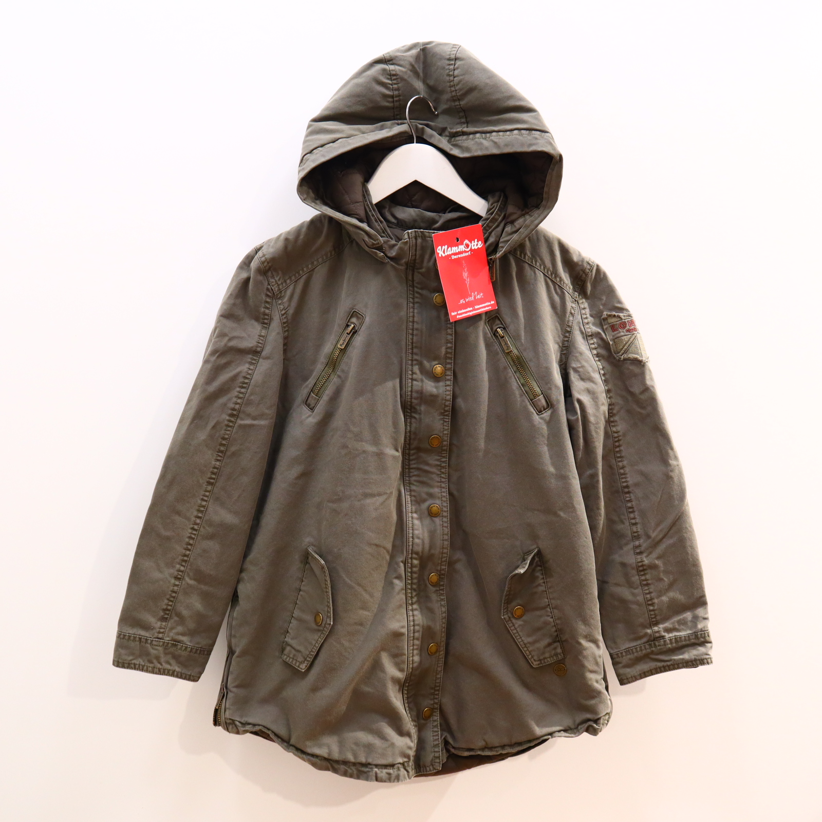 Jacke Pepe Jeans Parka 158 oliv Herbst/Winter Applikation/Logo abnehmb. Kapuze