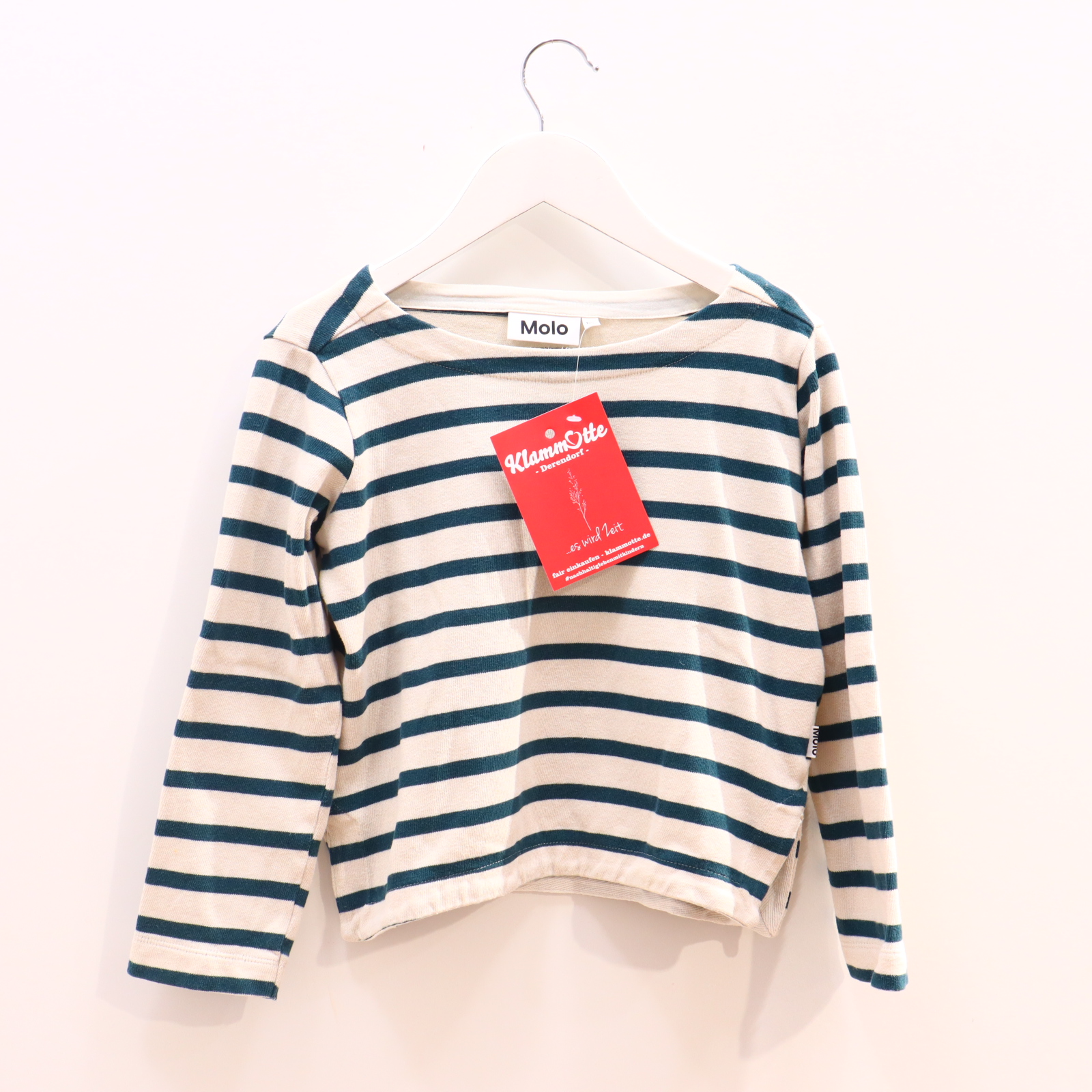 Oberteil Molo Gr. 122 Sweatshirt creme/grün Biobaumwolle/Interlock gestreift U-Boot-Kragen