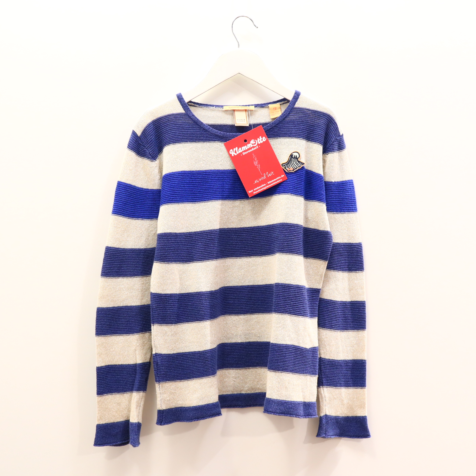 Oberteil SCOTCH & SODA Gr. 140 Strickpullover beige/blau Baumwolle/Leinen Applikation/gestreift/melange