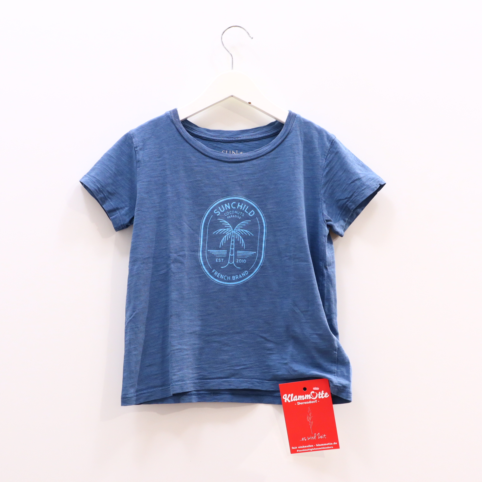 Oberteil SUNCHILD Gr. 116 kurzarm Shirt blau Baumwolle melange/Print