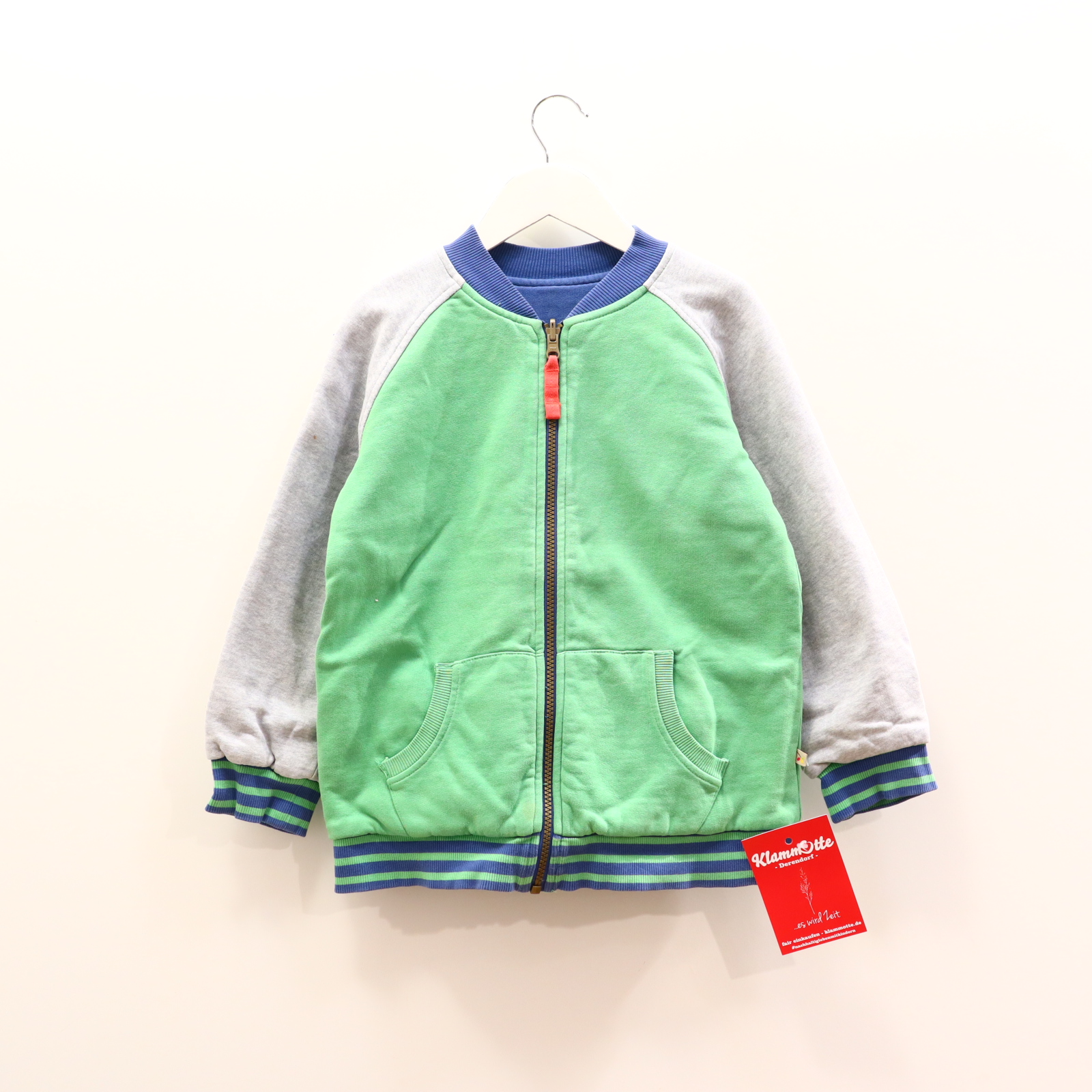 Oberteil frugi Gr. 128/Gr. 134 Sweatjacke blau/grau/grün Biobaumwolle Applikation/Logo wendbar!