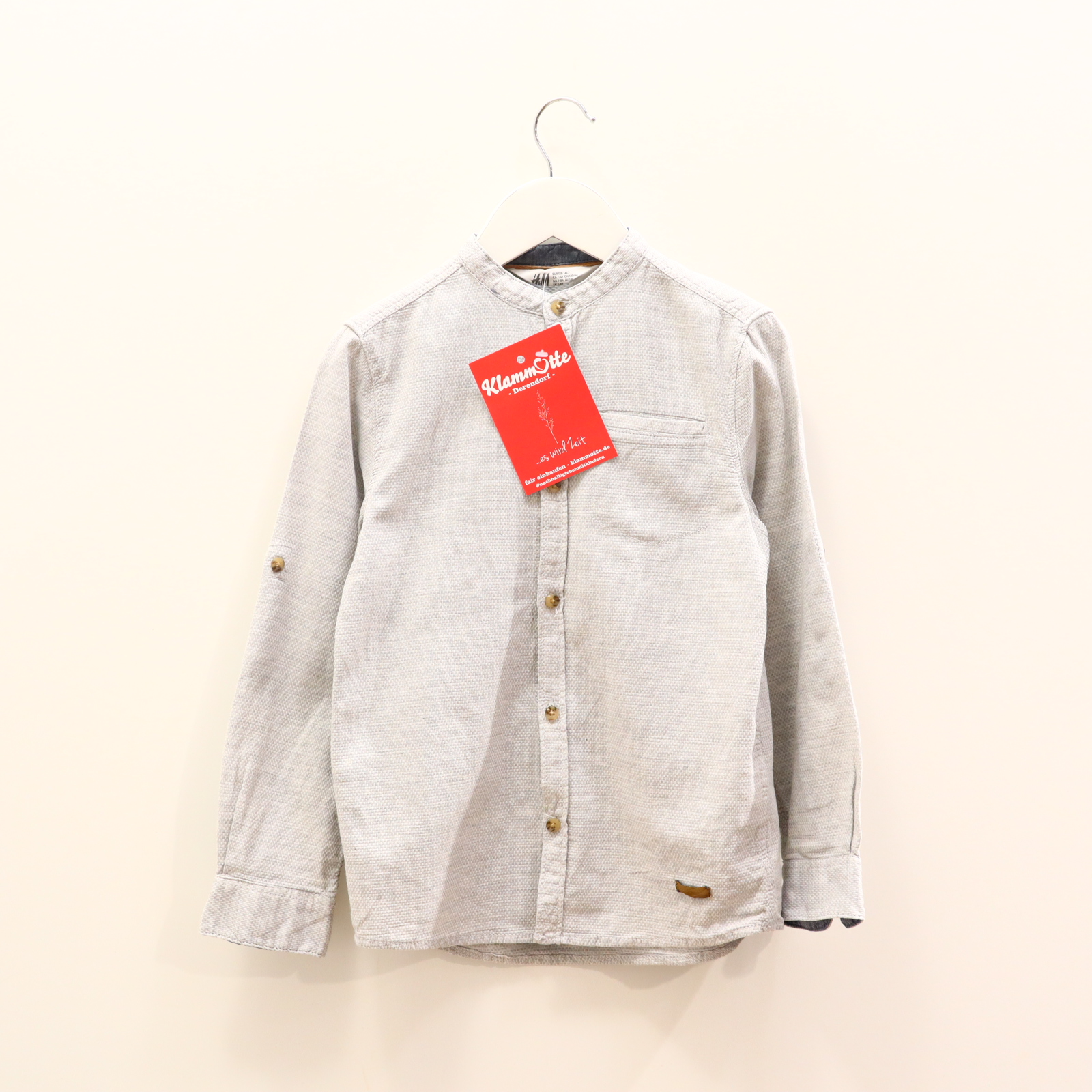 Oberteil H&M Gr. 128 Hemd/langarm grau Baumwolle melange Mao-Kragen