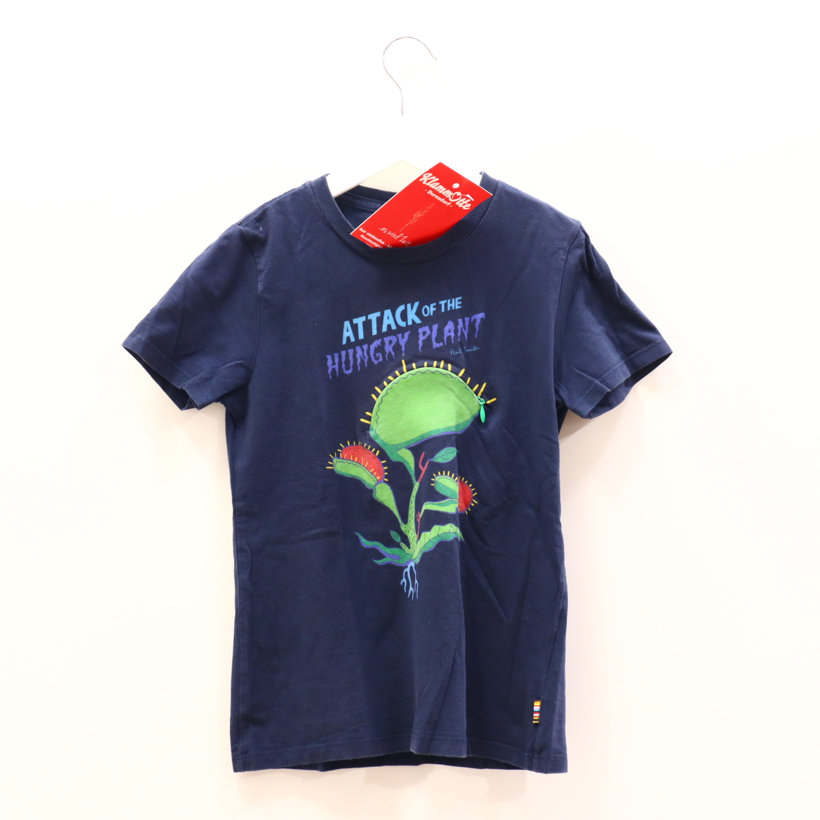 Oberteil Paul Smith Gr. 128 kurzarm Shirt blau Baumwolle Applikation/Print ganz kleiner Fleck!