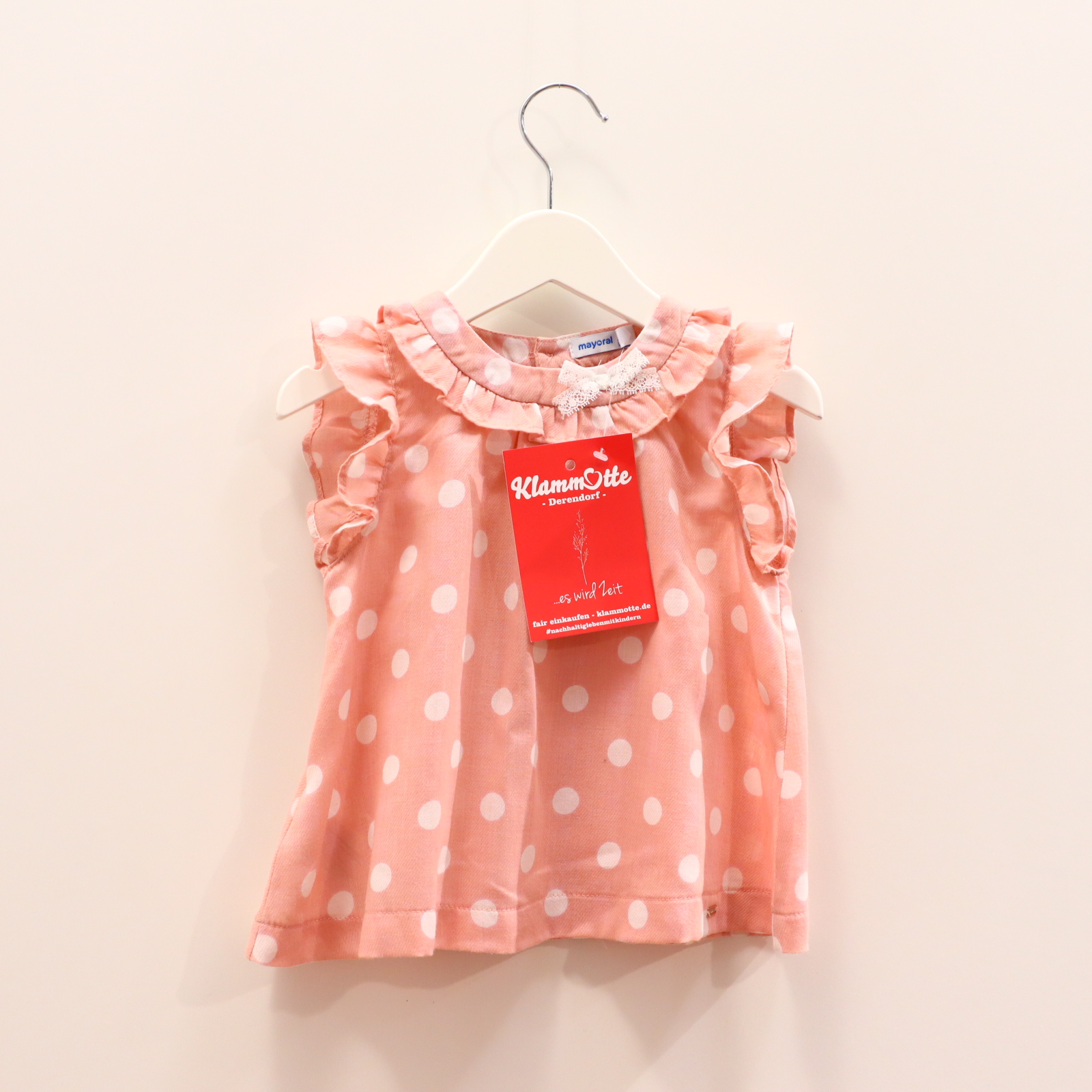 Oberteil mayoral 98 rosa/weiß gepunktet/Schleife/Spitze/Volants ärmellos/Bluse