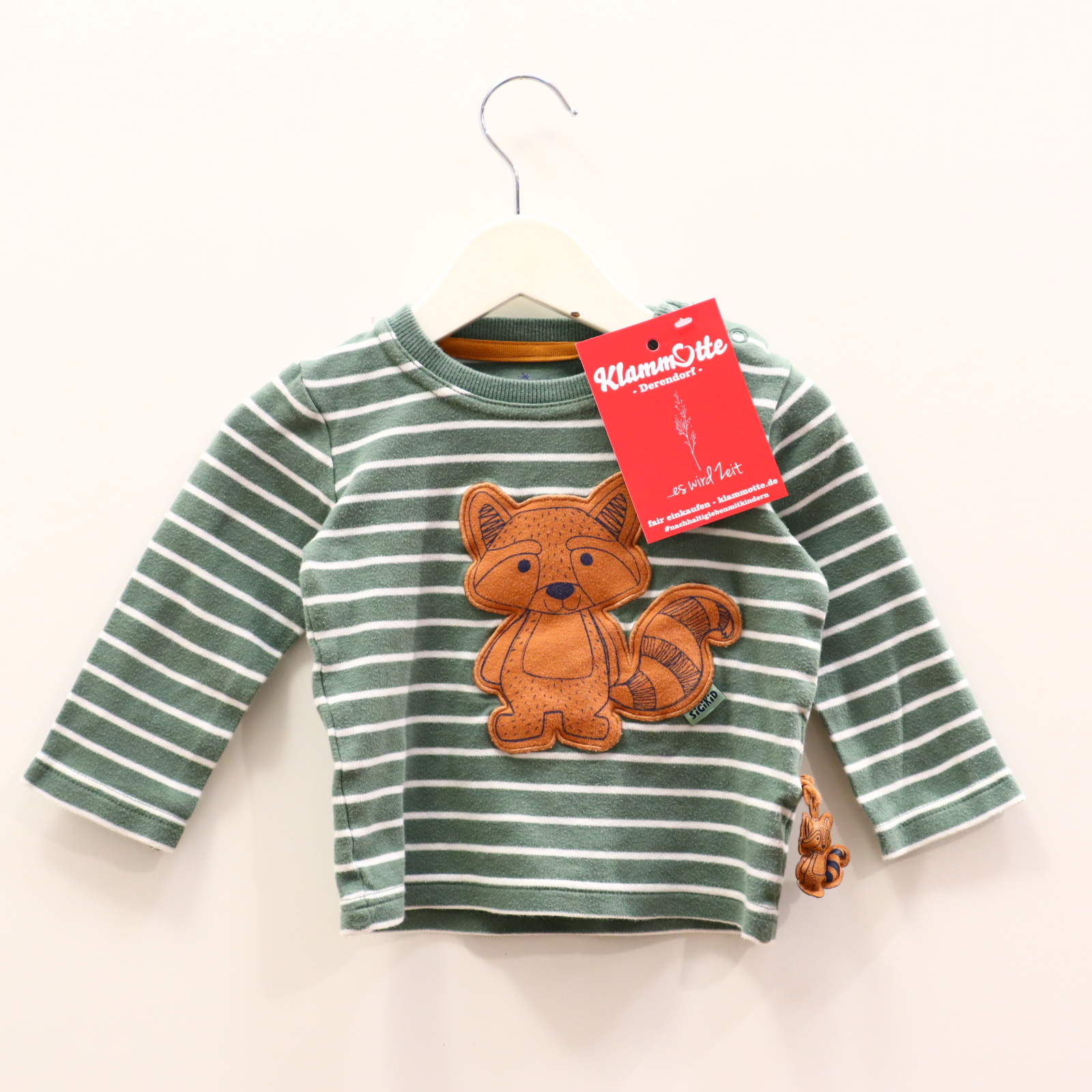 Oberteil Sigikid 80 grün/weiß Applikation/gestreift langarm Shirt Baumwolle