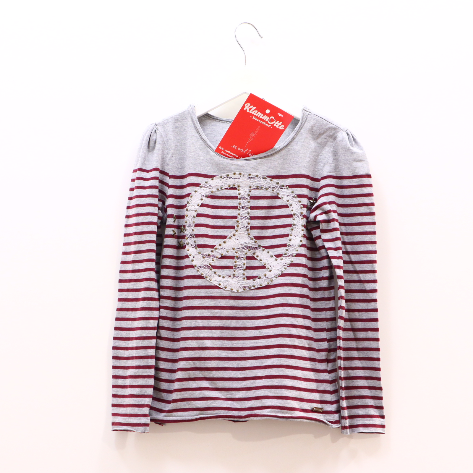 Oberteil RETOUR 128 bordeaux/grau Applikation/gestreift/Nieten langarm Shirt Baumwolle/Elasthan