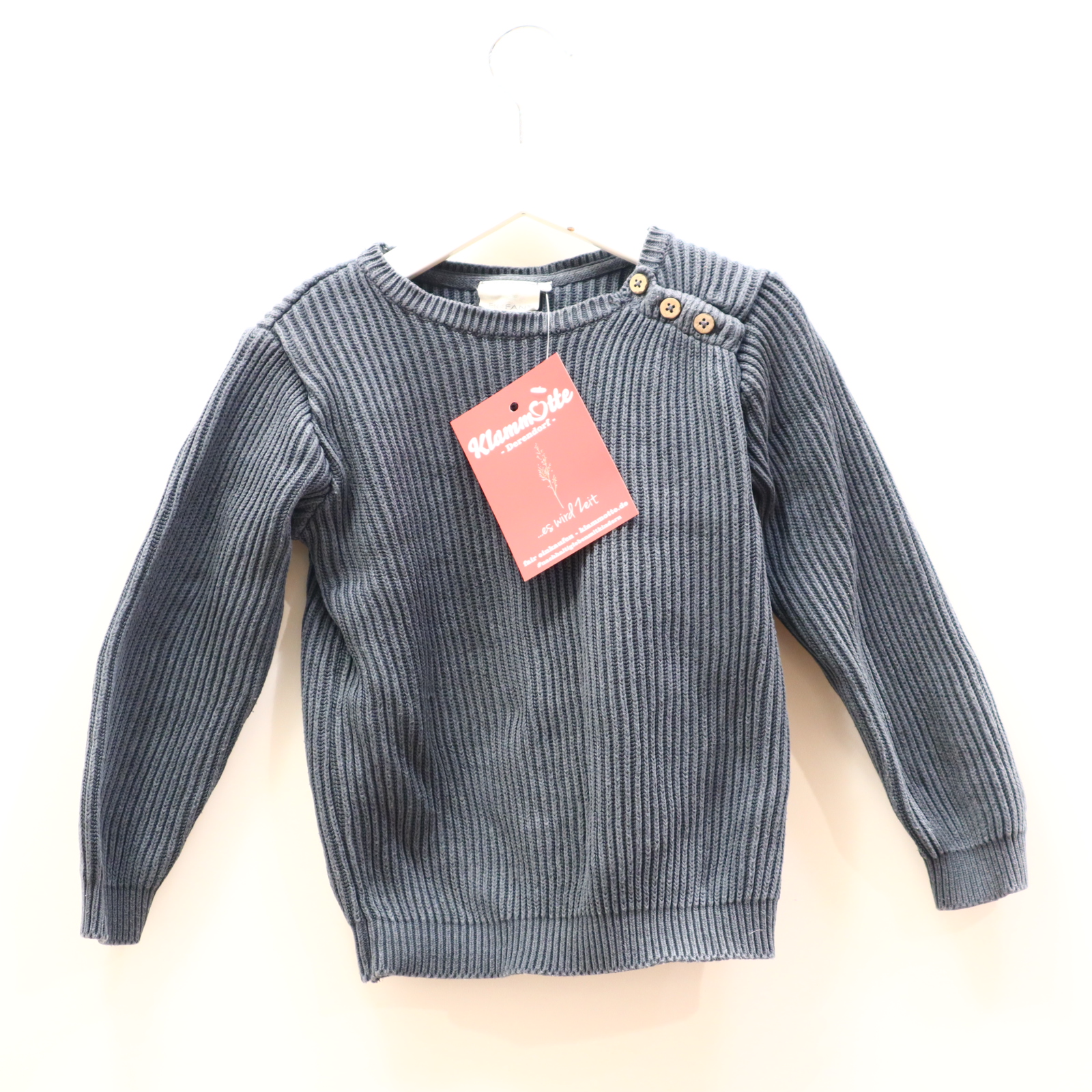 Oberteil EN*FANT Gr. 110 Strickpullover grau Baumwolle Rippstrick Holzknöpfe