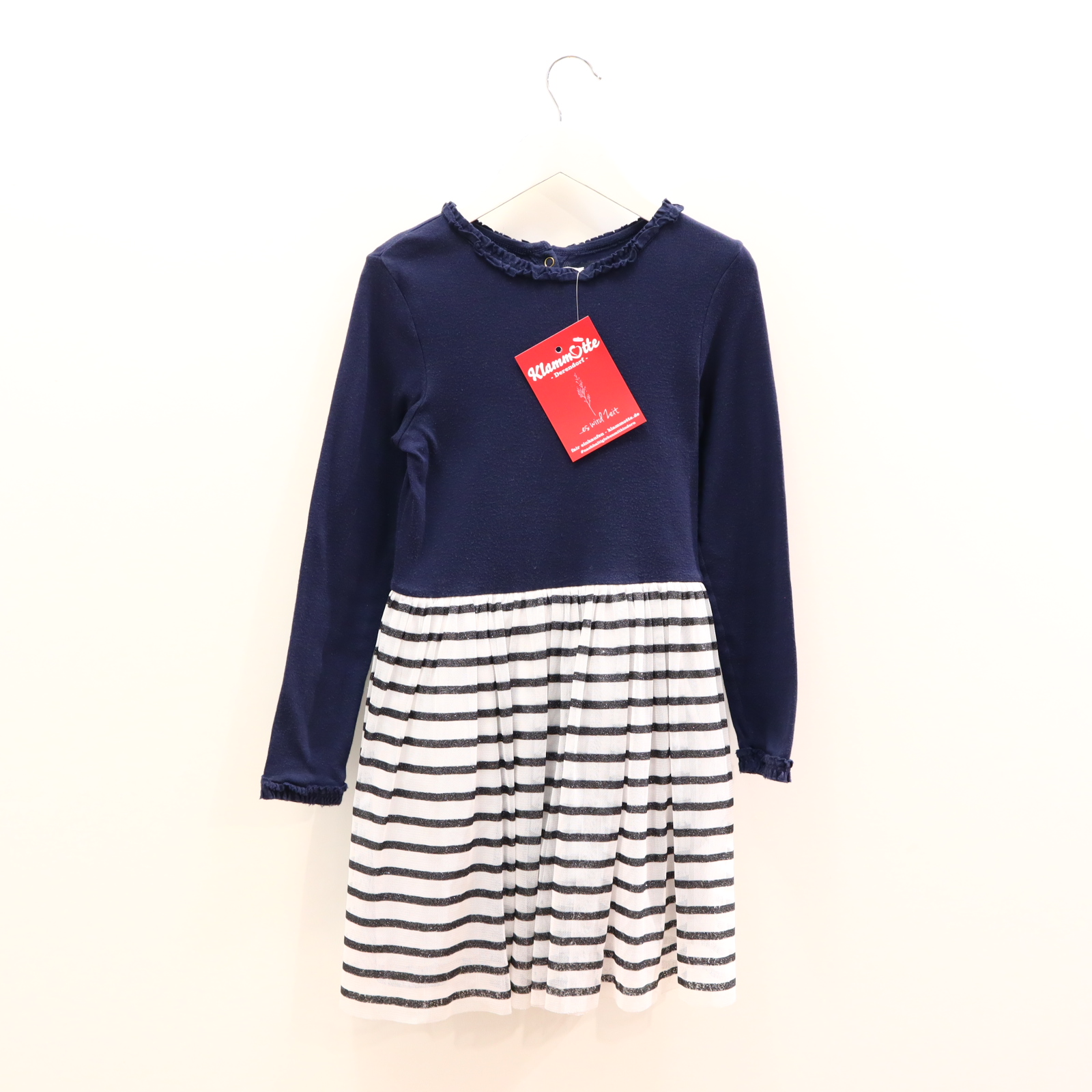 Kleider & Röcke PETIT BATEAU Jerseykleid/Tüllkleid 128 blau/weiß gestreift/Glitzer Baumwolle/Elastan/Polyester Druckknopf/Knopfleiste ganz leichtes Pilling