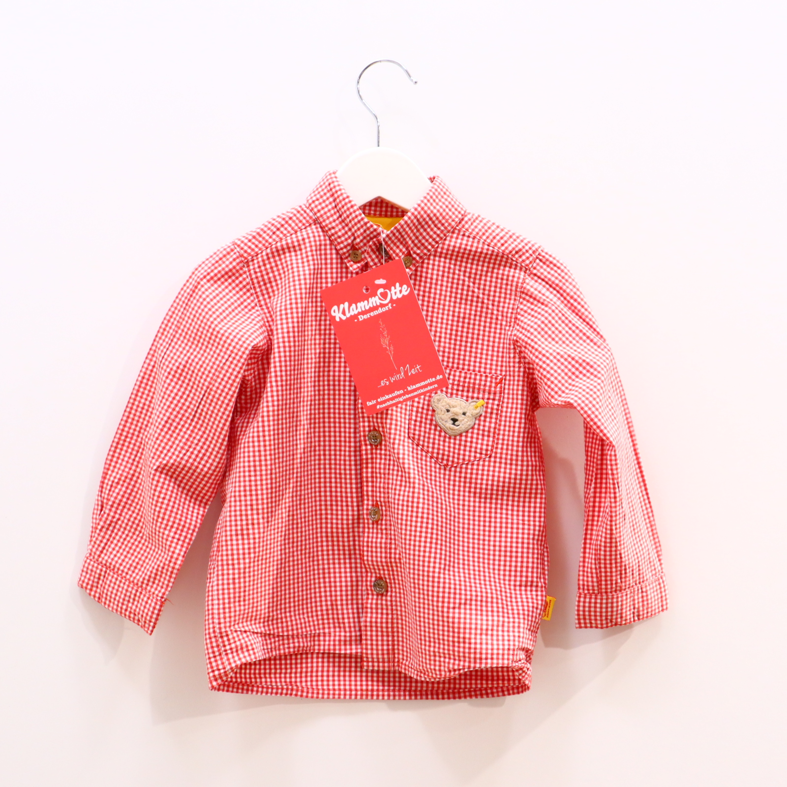 Oberteil Steiff Gr. 86 Hemd/langarm/Trachten rot/weiß Baumwolle Applikation/kariert/Logo Button-down-Kragen