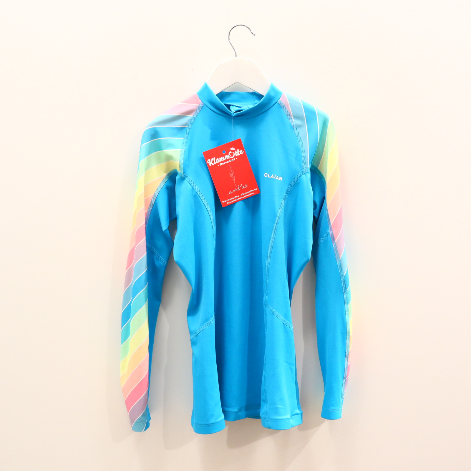 Bademode decathlon/OLAIAN UV-Shirt/langarm 152/158 bunt/türkis gestreift/Logo/Print UPF 50+