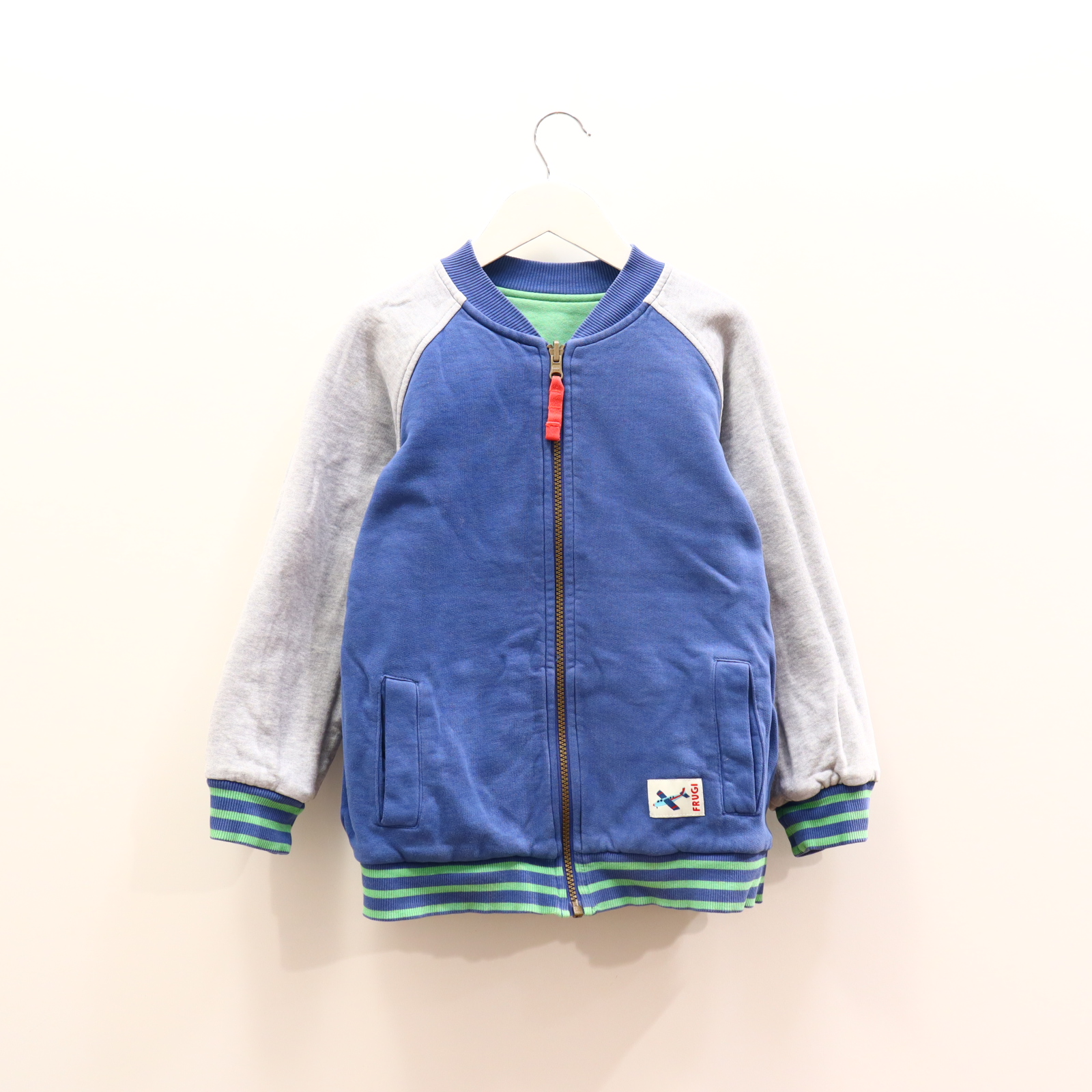 Oberteil frugi Gr. 128/Gr. 134 Sweatjacke blau/grau/grün Biobaumwolle Applikation/Logo wendbar!