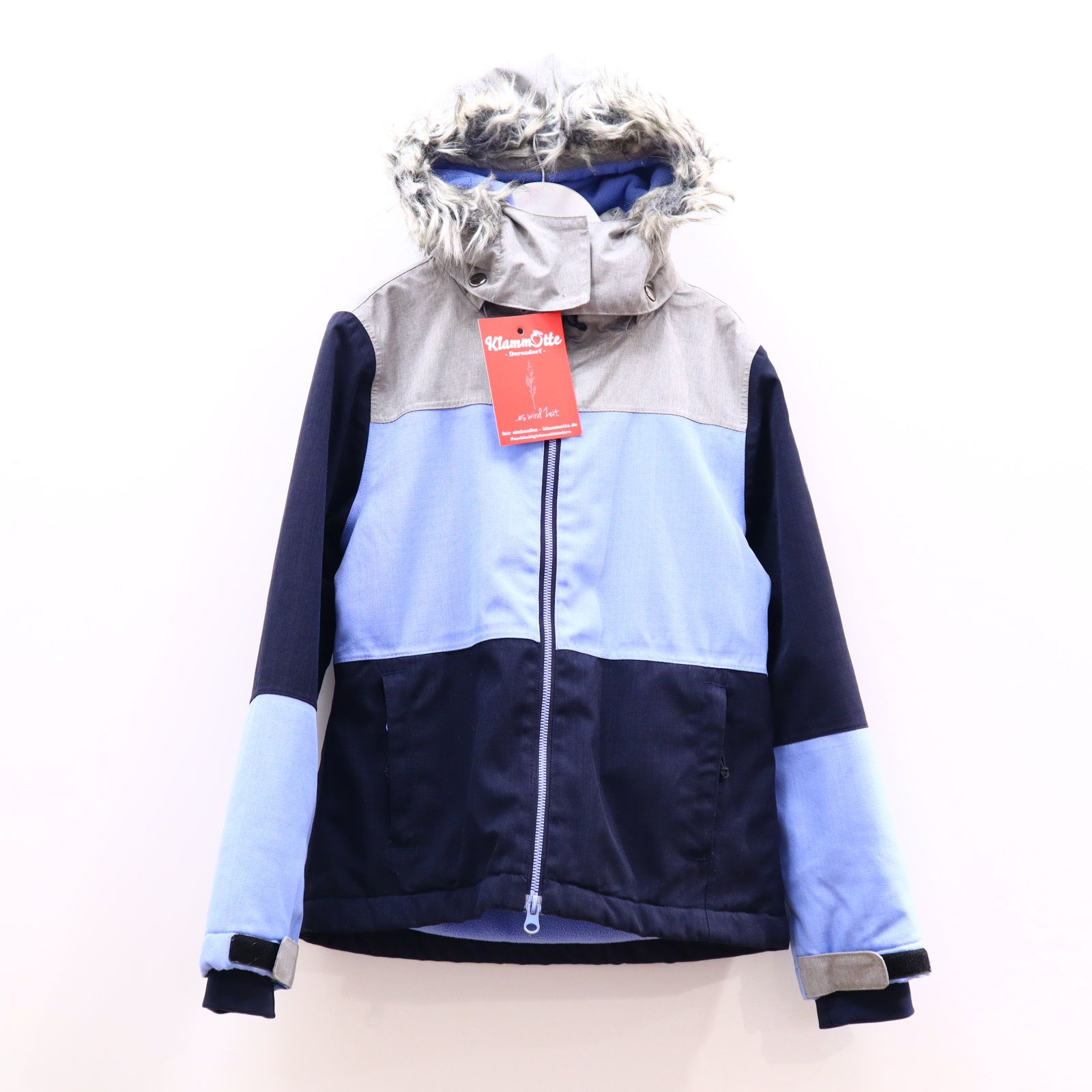 Jacke STEEDS Anorak 140 Polyester blau/grau/flieder Herbst/Winter Applikation abnehmb. Kapuze