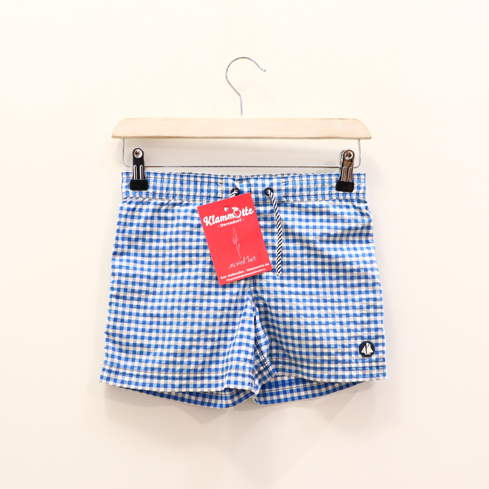 Bademode PETIT BATEAU 116 blau/weiß Applikation/Logo/kariert Badeshorts Meshfutter