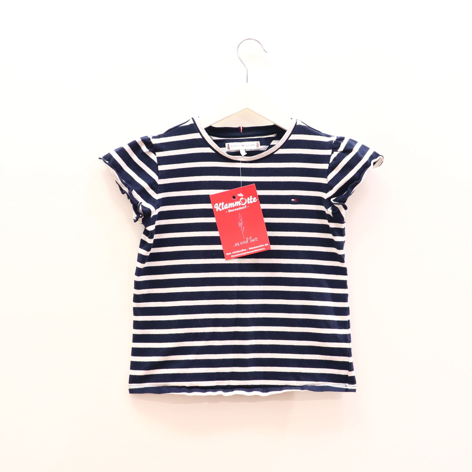 Oberteil TOMMY HILFIGER 128 blau/weiß gestreift/Logo/Stickerei kurzarm Shirt Baumwolle/Elasthan