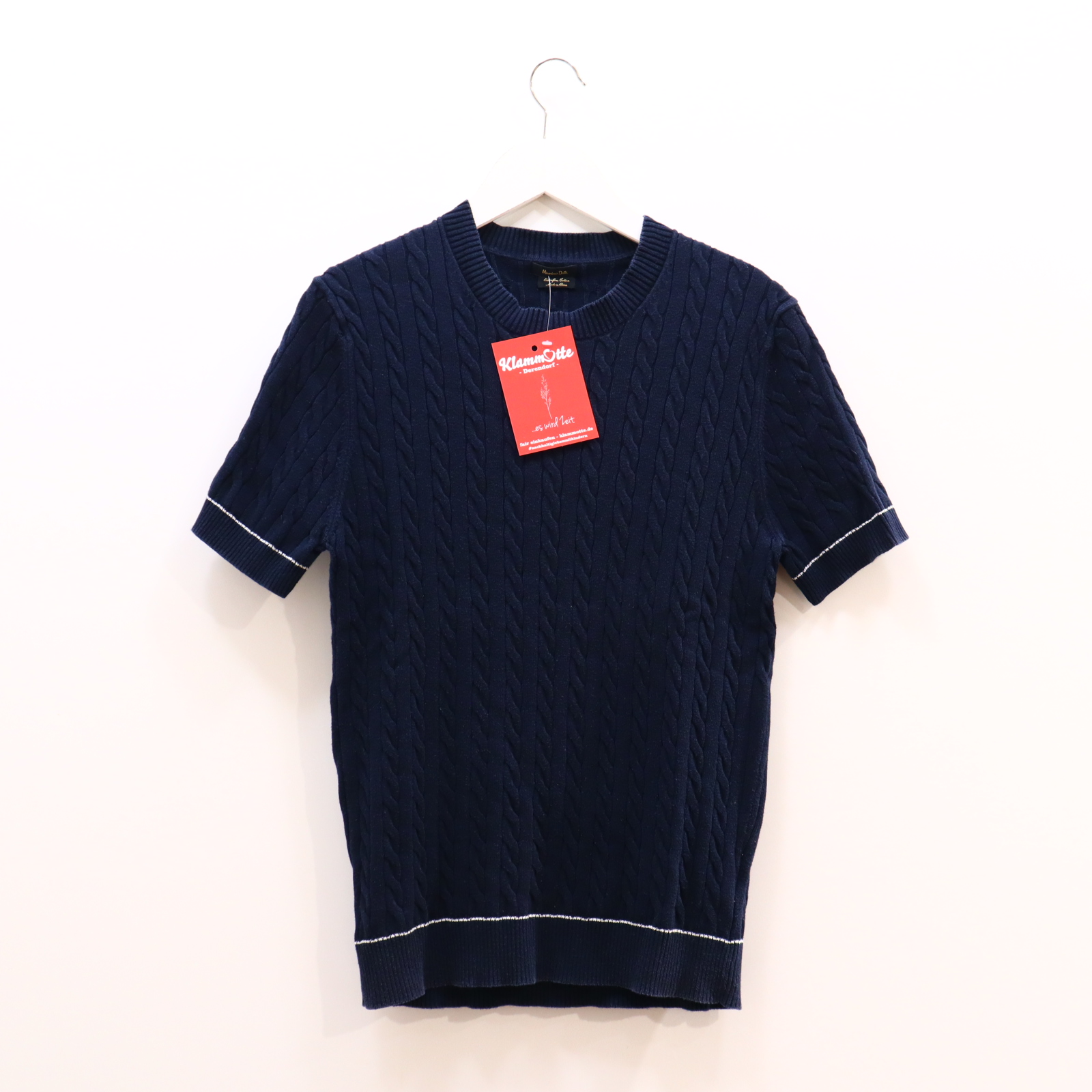 Oberteil Massimo Dutti Gr. 182 kurzarm Shirt blau Baumwolle/Rippstrick Zopfmuster L
