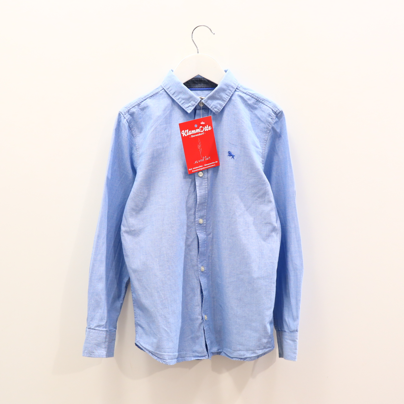 Oberteil H&M Gr. 140 Hemd/langarm blau Baumwolle melange/Stickerrei