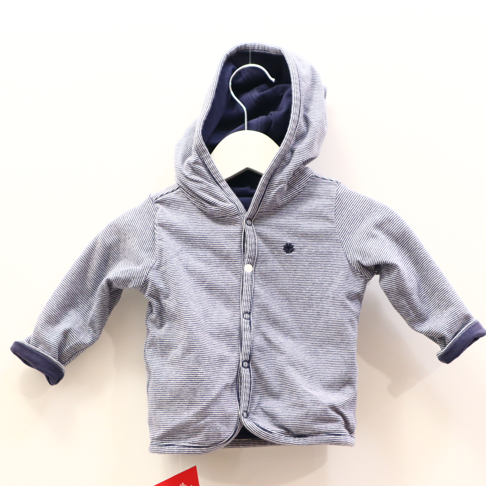 Oberteil noppies 56 blau/weiß gestreift/Logo/Stickerrei Kapuzenjacke ganz leicht blass Doublelayer/Jersey wendbar