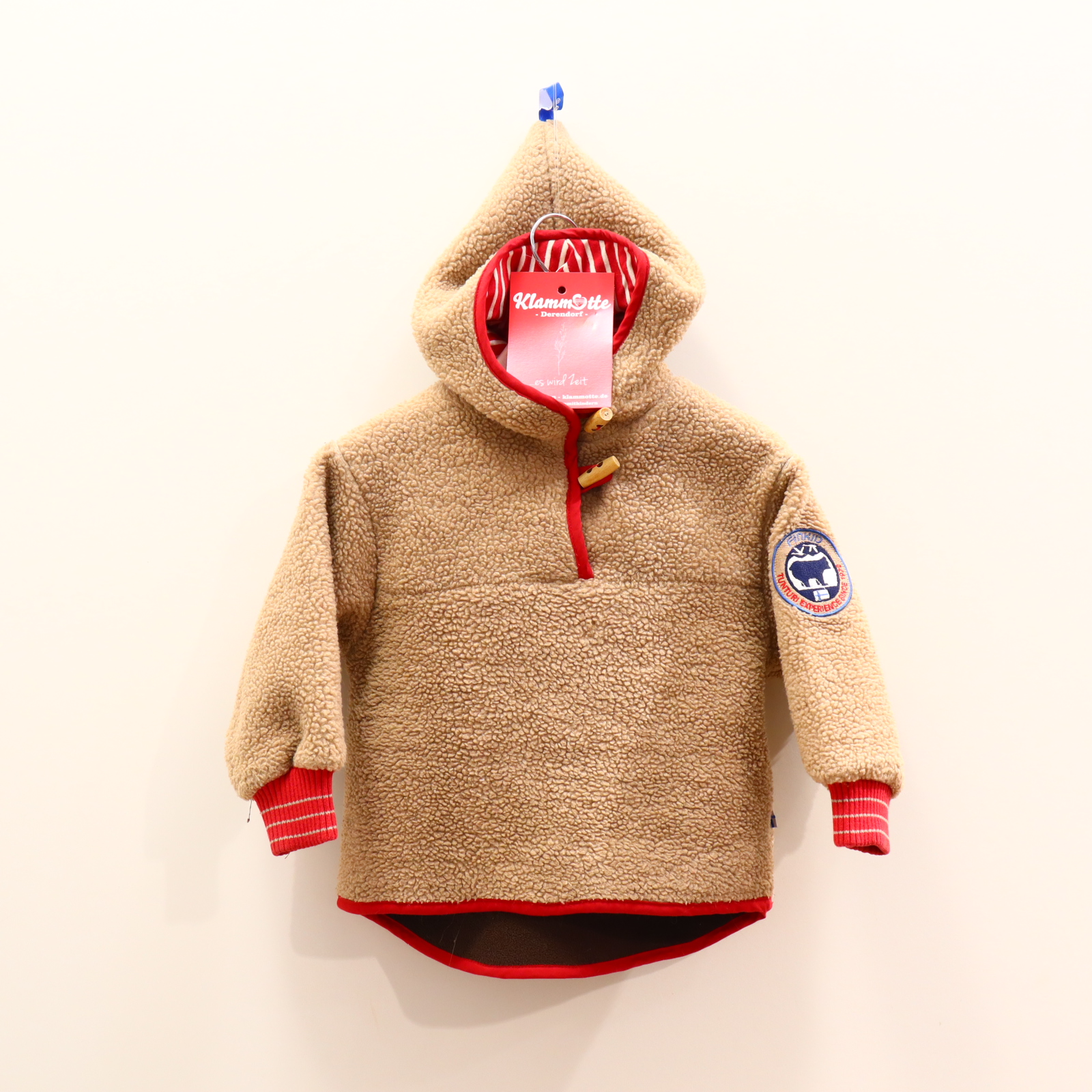 Oberteil FINKID Gr. 86/Gr. 92 Fleecepullover/Kapuzenpullover walnuss Polyester/Sherpa/Teddy Applikation/Logo Jersey-Kapuzenfutter