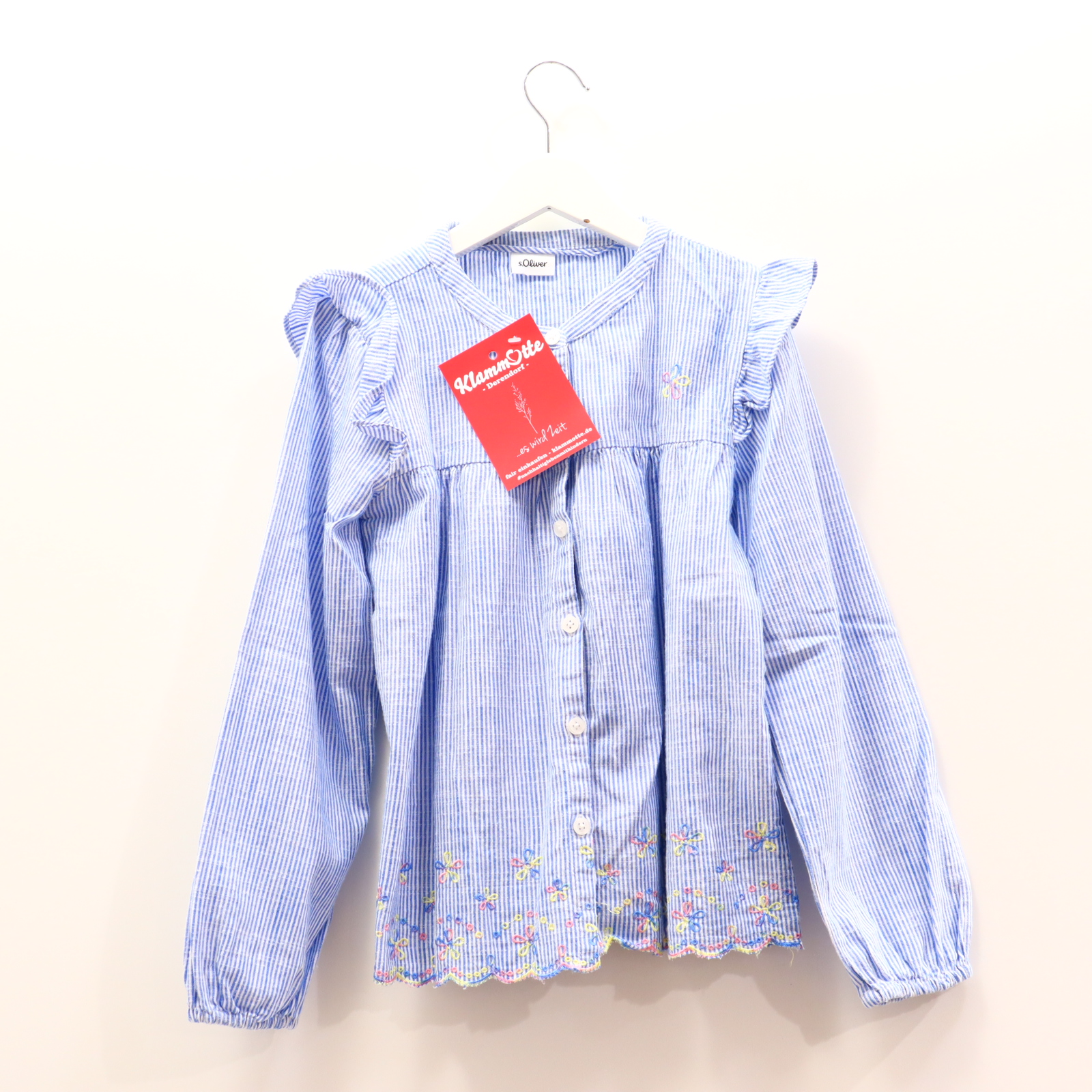 Oberteil S.Oliver 140 blau/weiß gestreift/Stickerei/Volants Bluse/langarm Baumwolle