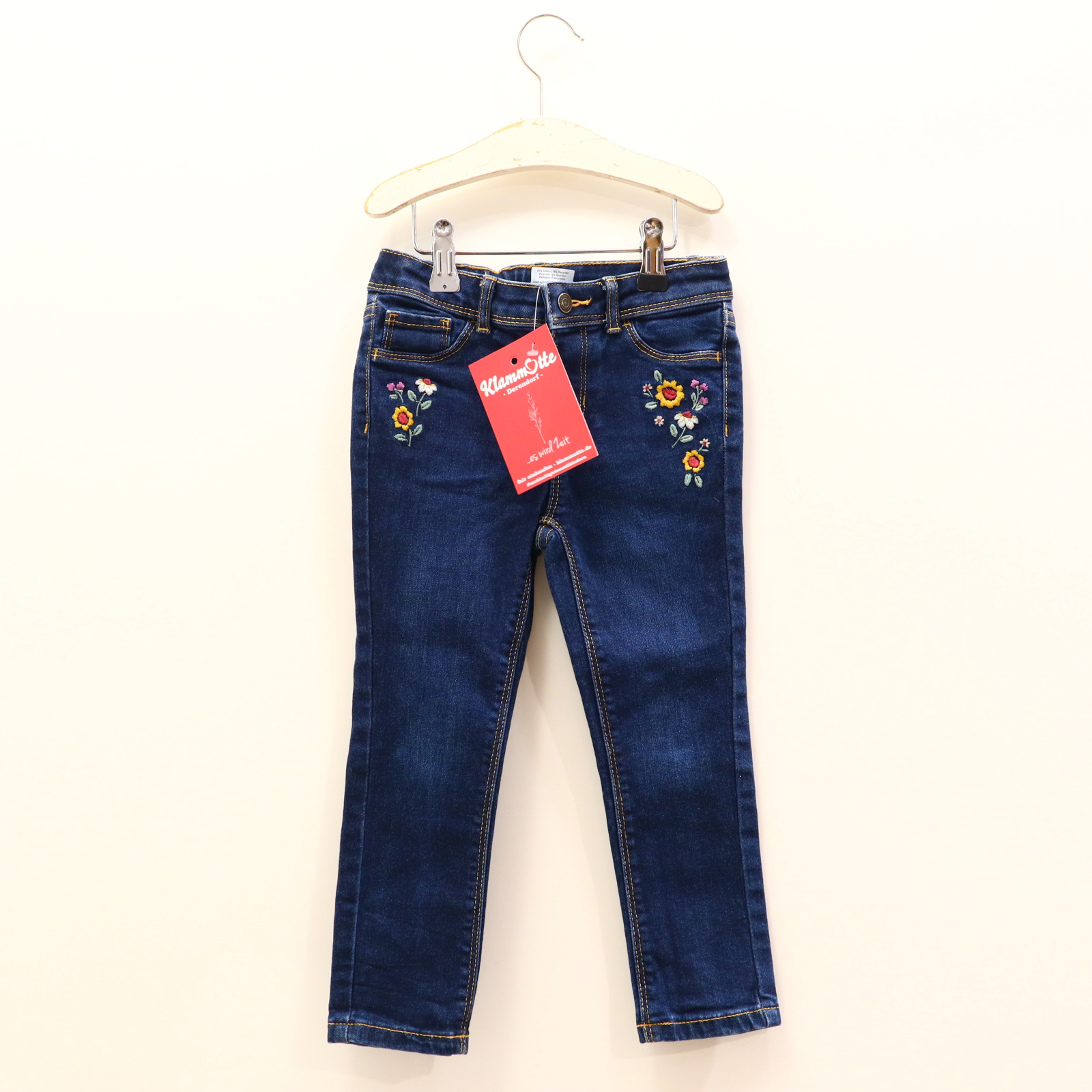 Hose jumping beans Jeans 110 blau Blumen/Stickerei Denim Druckknopf/verstellb. Bund