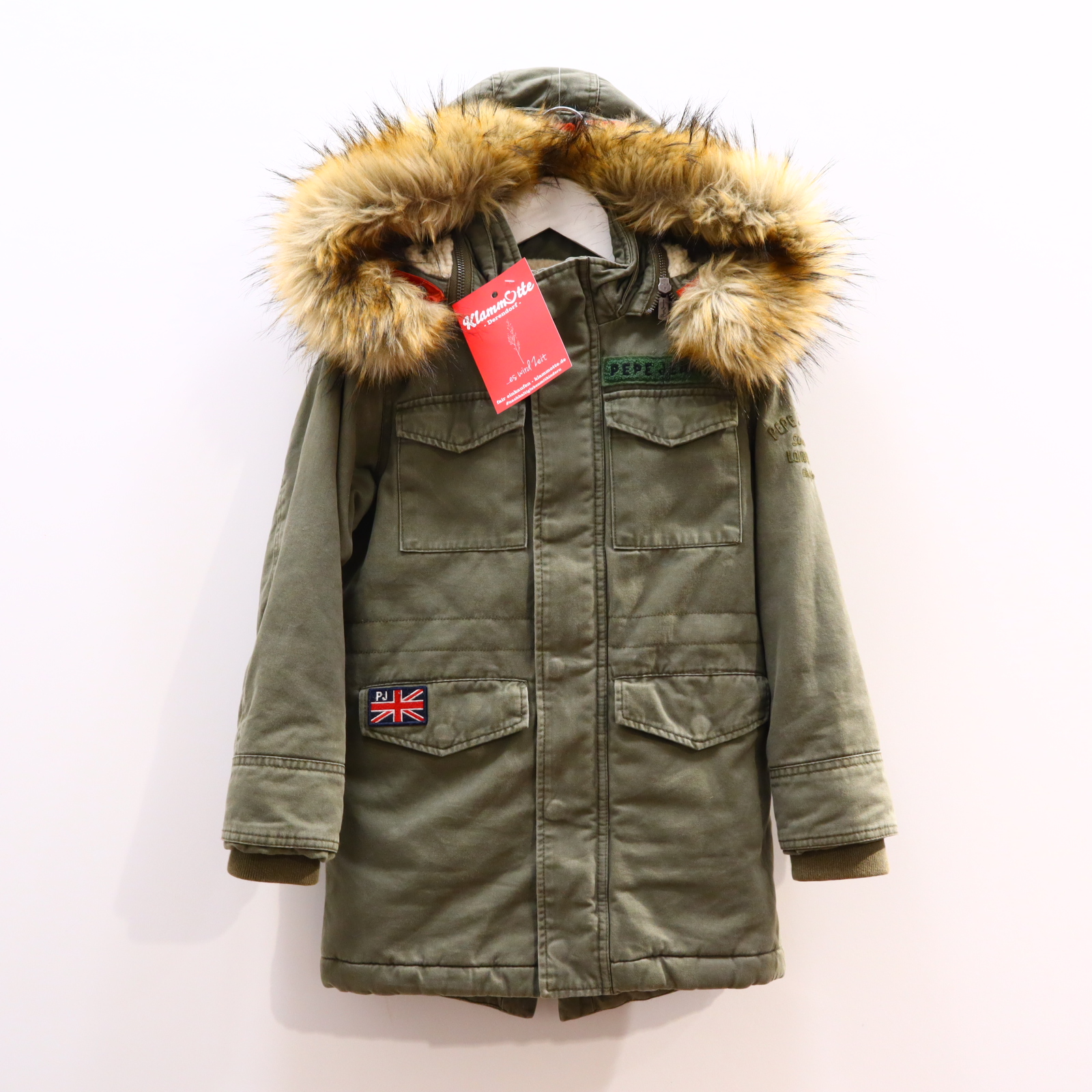 Jacke Pepe Jeans 128 oliv Applikation/Logo Parka abnehmb. Kapuze/abnehmb. Kapuzenbesatz/Teddy-Kapuzenfutter Herbst/Winter