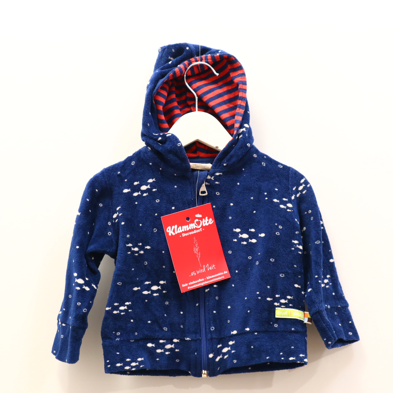 Oberteil loud + proud 74/80 blau Alloverprint Kapuzenjacke Bio-Baumwolle/Nicki Jersey-Kapuzenfutter