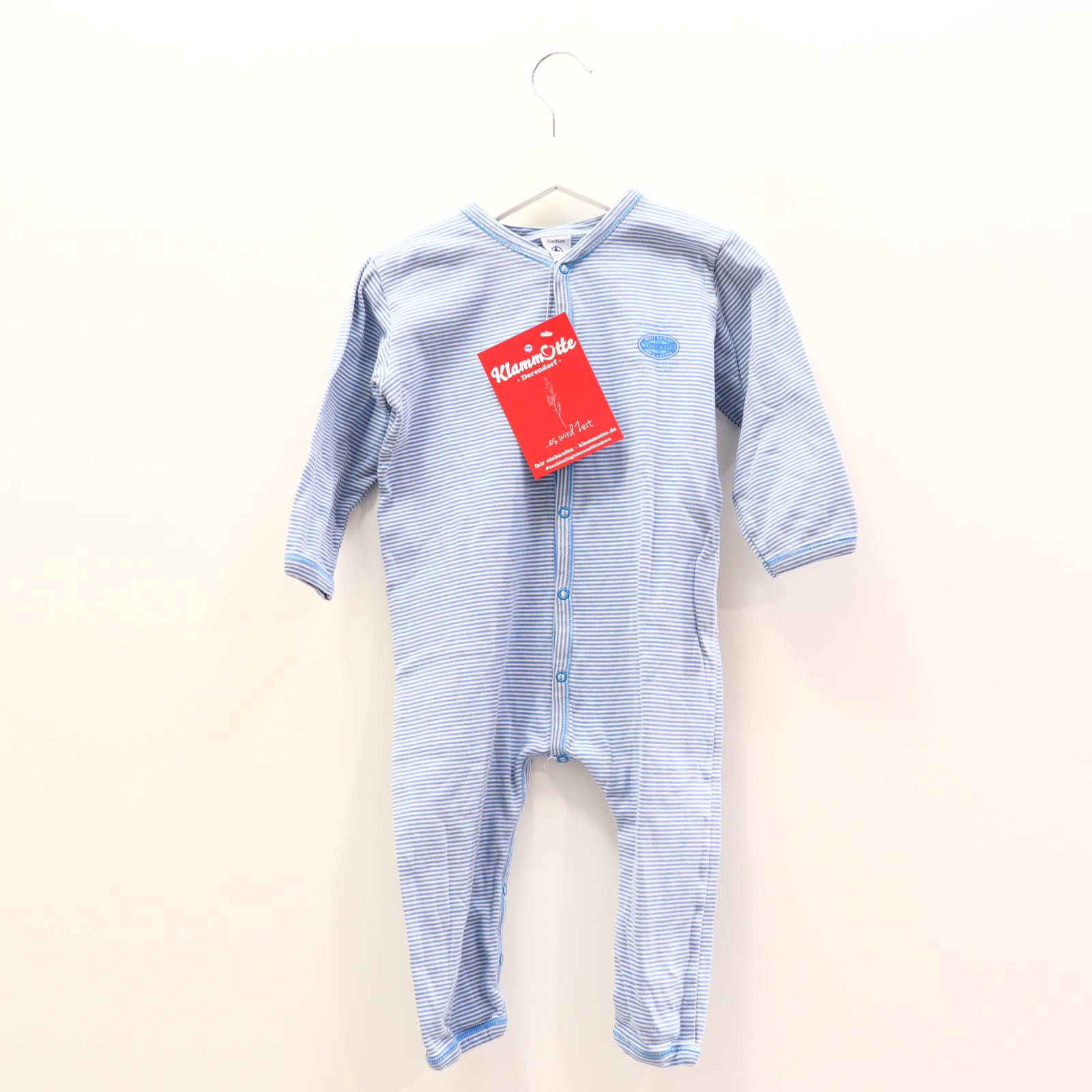 Oberteil PETIT BATEAU Gr. 86 Einteiler ohne Fuß/Schlafkleidung blau/weiß Baumwolle gestreift/Logo/Print