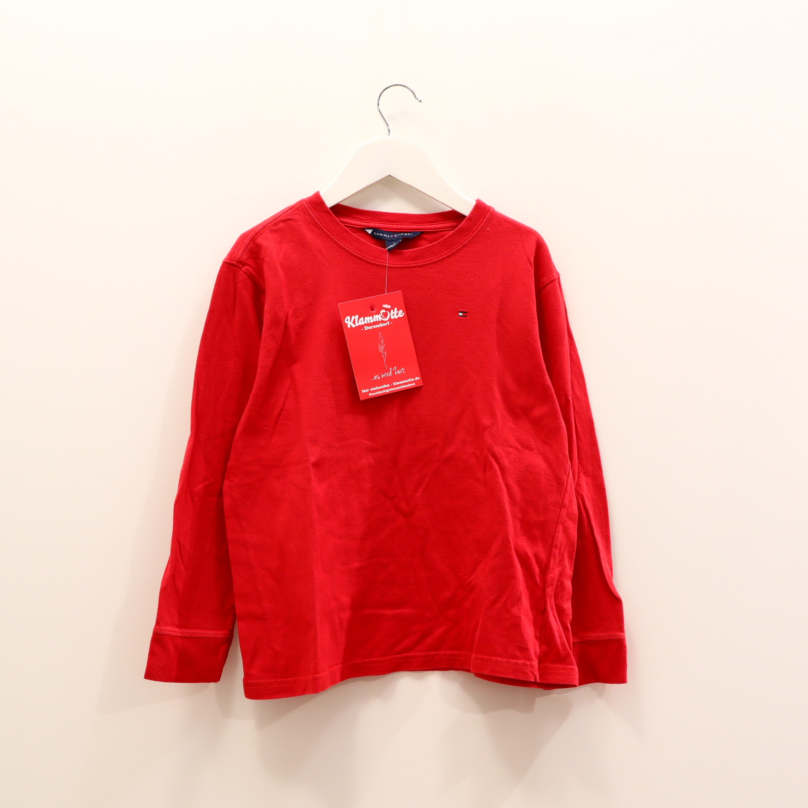 Oberteil TOMMY HILFIGER Gr. 122 langarm Shirt rot Baumwolle Logo/Stickerrei