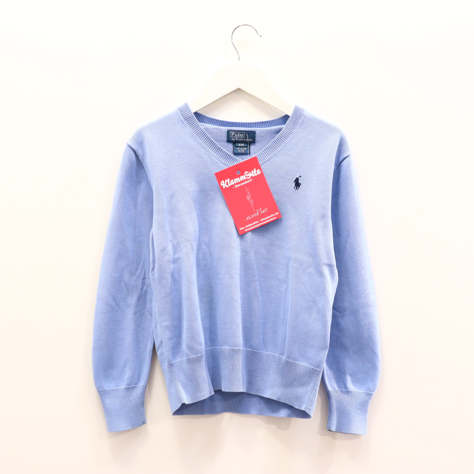 Oberteil RALPH LAUREN Gr. 128 Strickpullover hellblau Baumwolle Logo/Stickerrei V-Ausschnitt