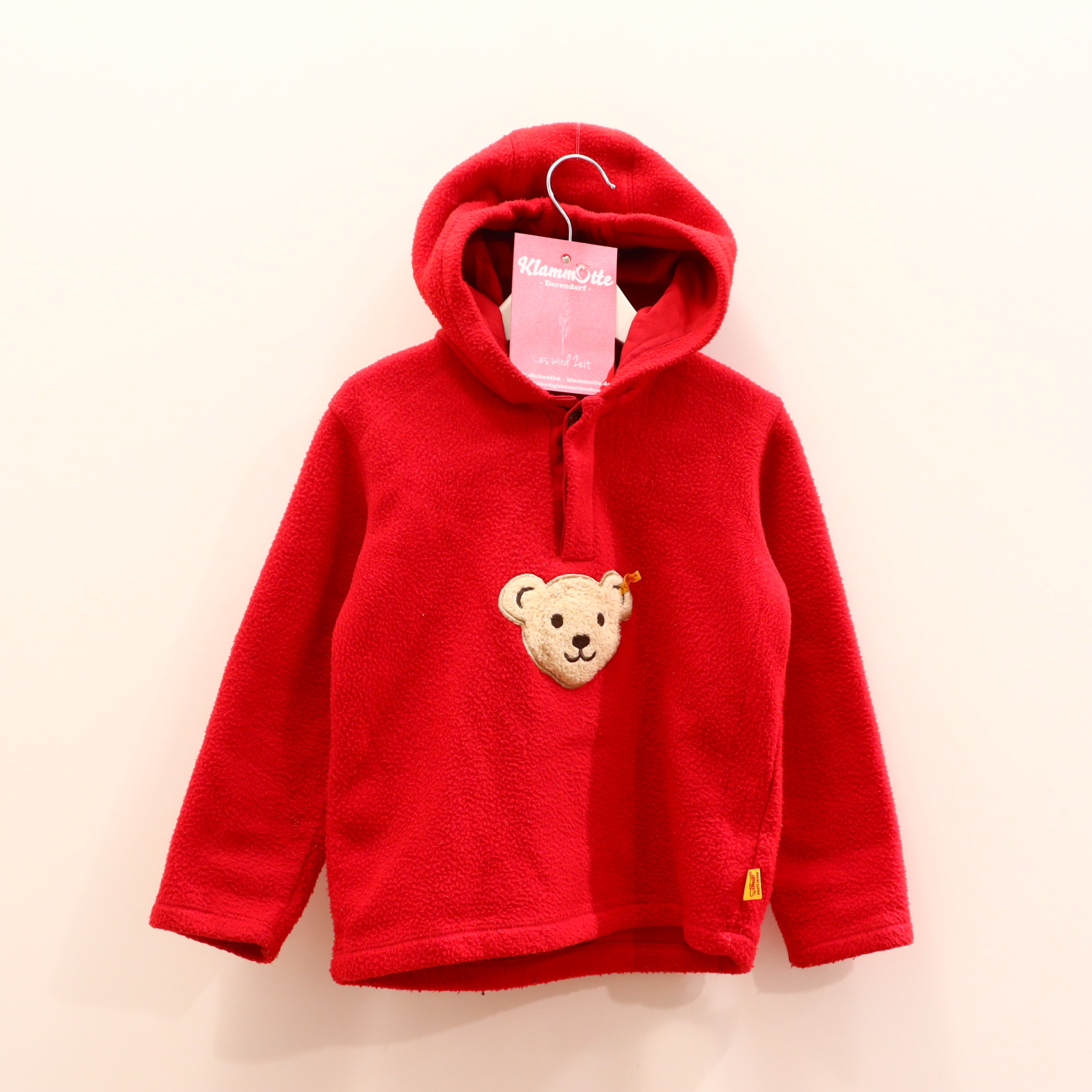 Oberteil Steiff Gr. 110 Kapuzenpullover rot Fleece/Polyester/Viskose Applikation/Logo/Quietsche