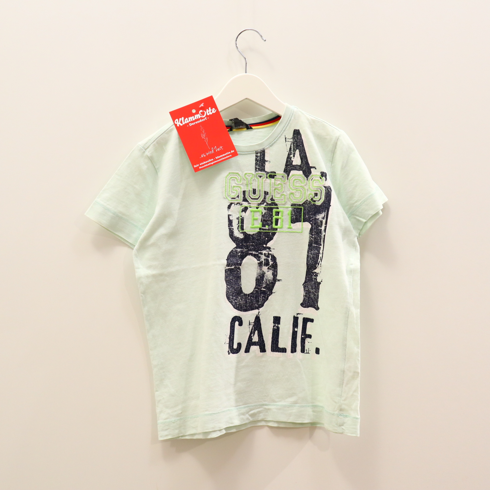 Oberteil GUESS Gr. 128 kurzarm Shirt mint Baumwolle Applikation/Logo/Print