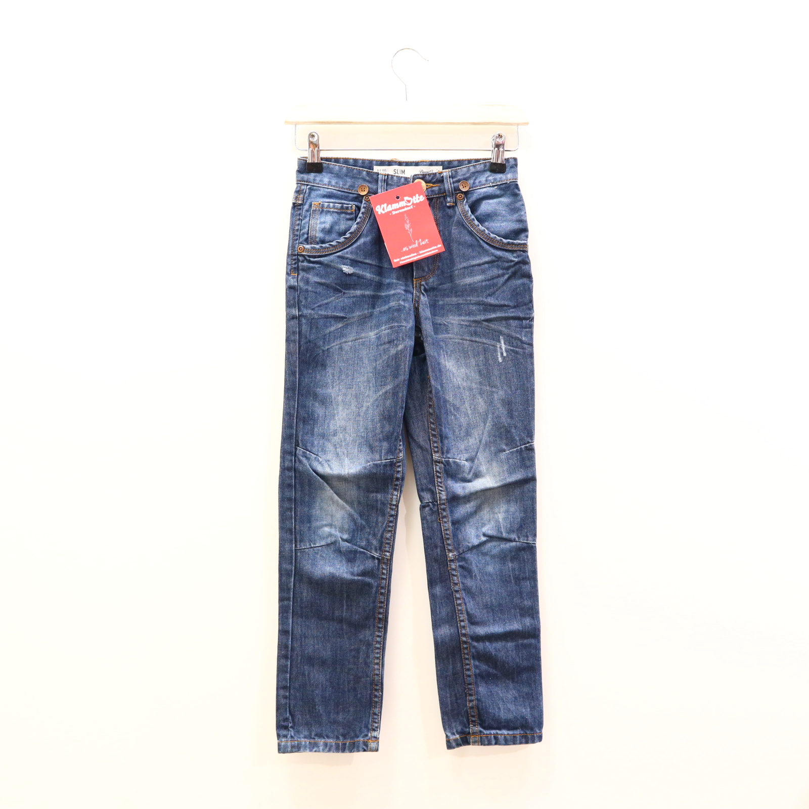 Hose 134 Jeans blau Knopf/Reißverschluß Denim Hosenträgerknöpfe Slim