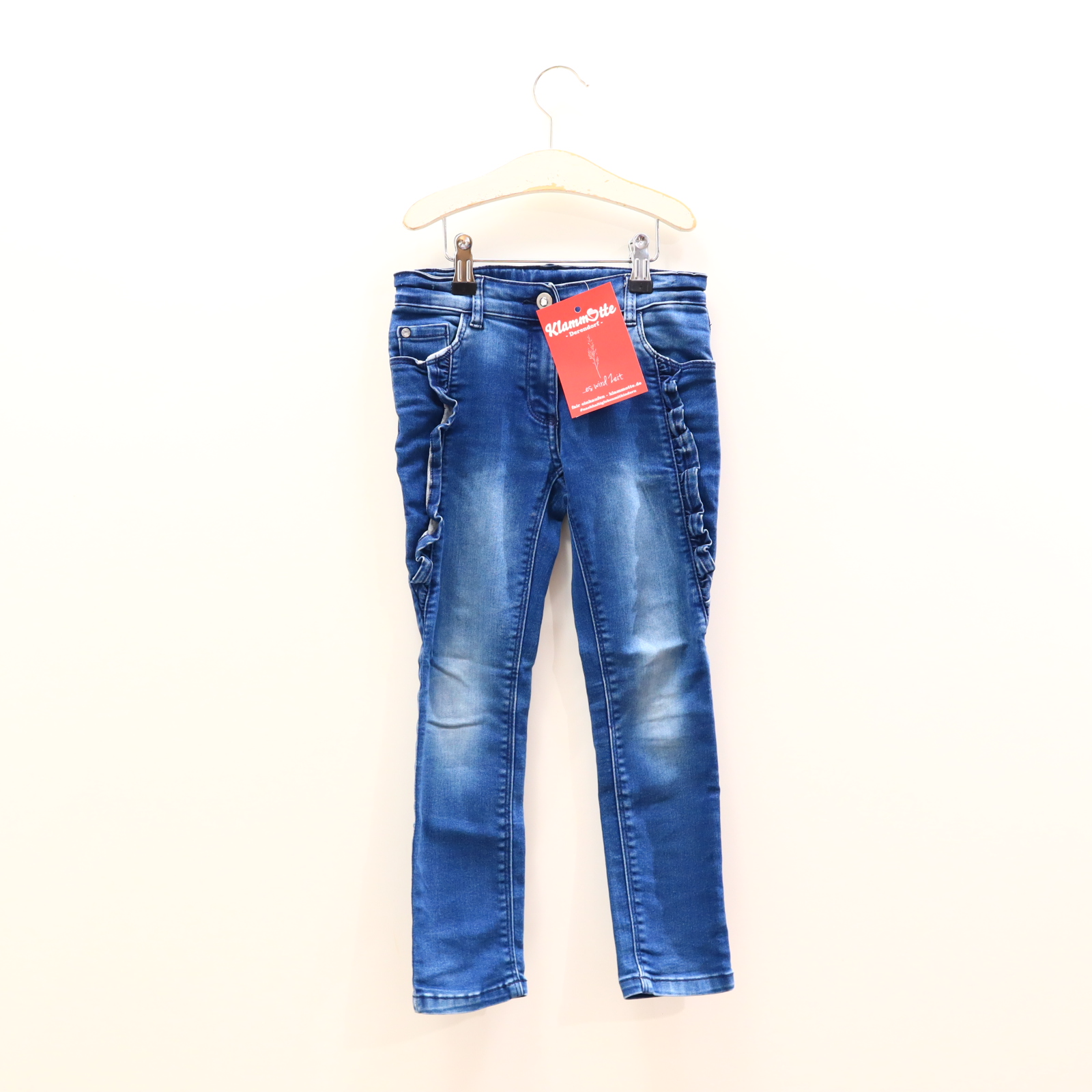 Hose Topolino Jeans 116 blau Rüschen Denim Reißverschluß/Schiebeknopf/verstellb. Bund Skinny