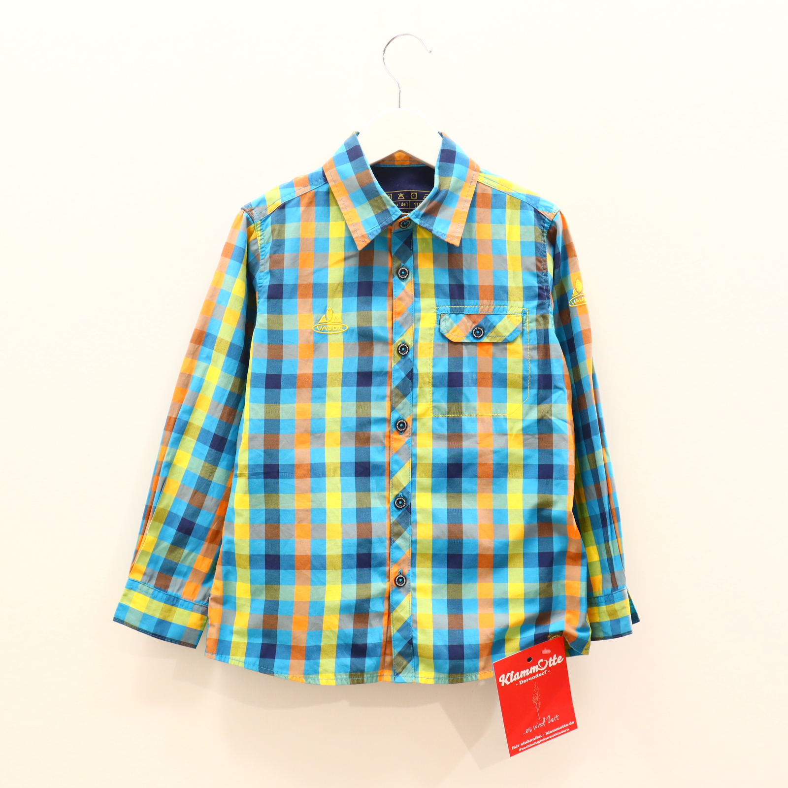 Oberteil VAUDE Gr. 110/Gr. 116 Hemd/langarm bunt/türkis Baumwolle/Polyester kariert/Logo/Stickerrei UPF 40