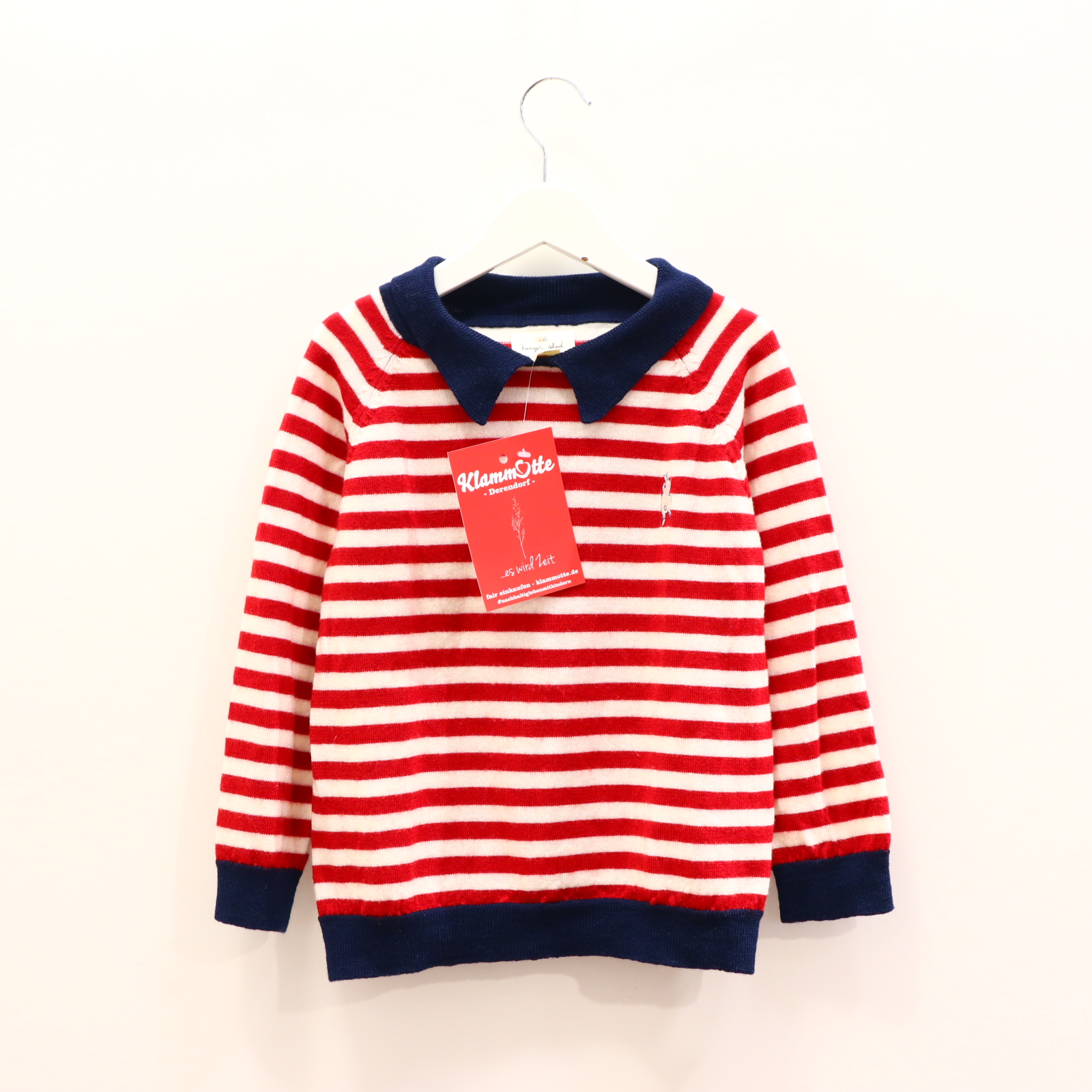 Oberteil konges slojd Gr. 104 Strickpullover blau/rot/weiß Biobaumwolle Applikation/gestreift