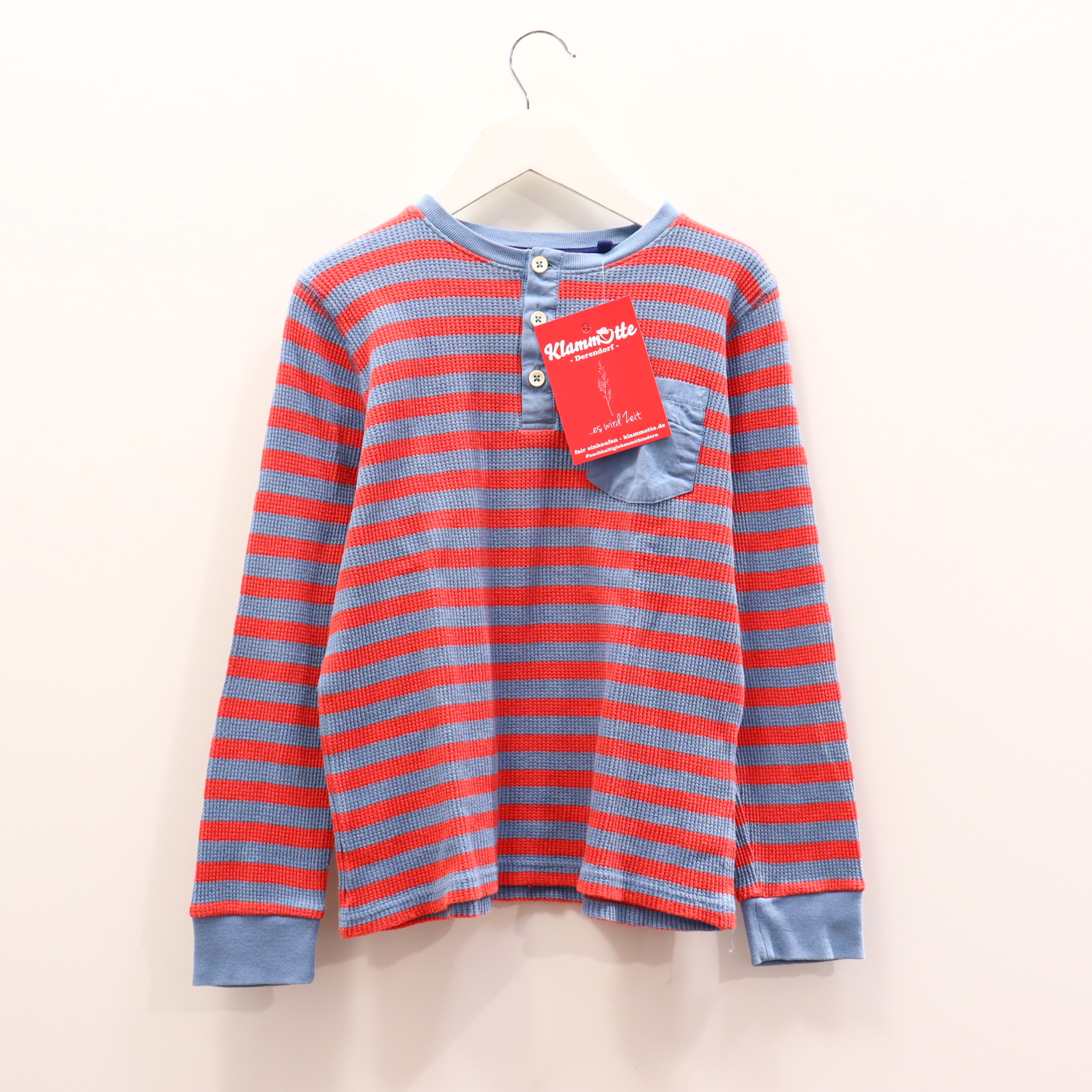 Oberteil mini Boden Gr. 140 langarm Shirt blau/rot Baumwolle gestreift/Waffelmuster Henley