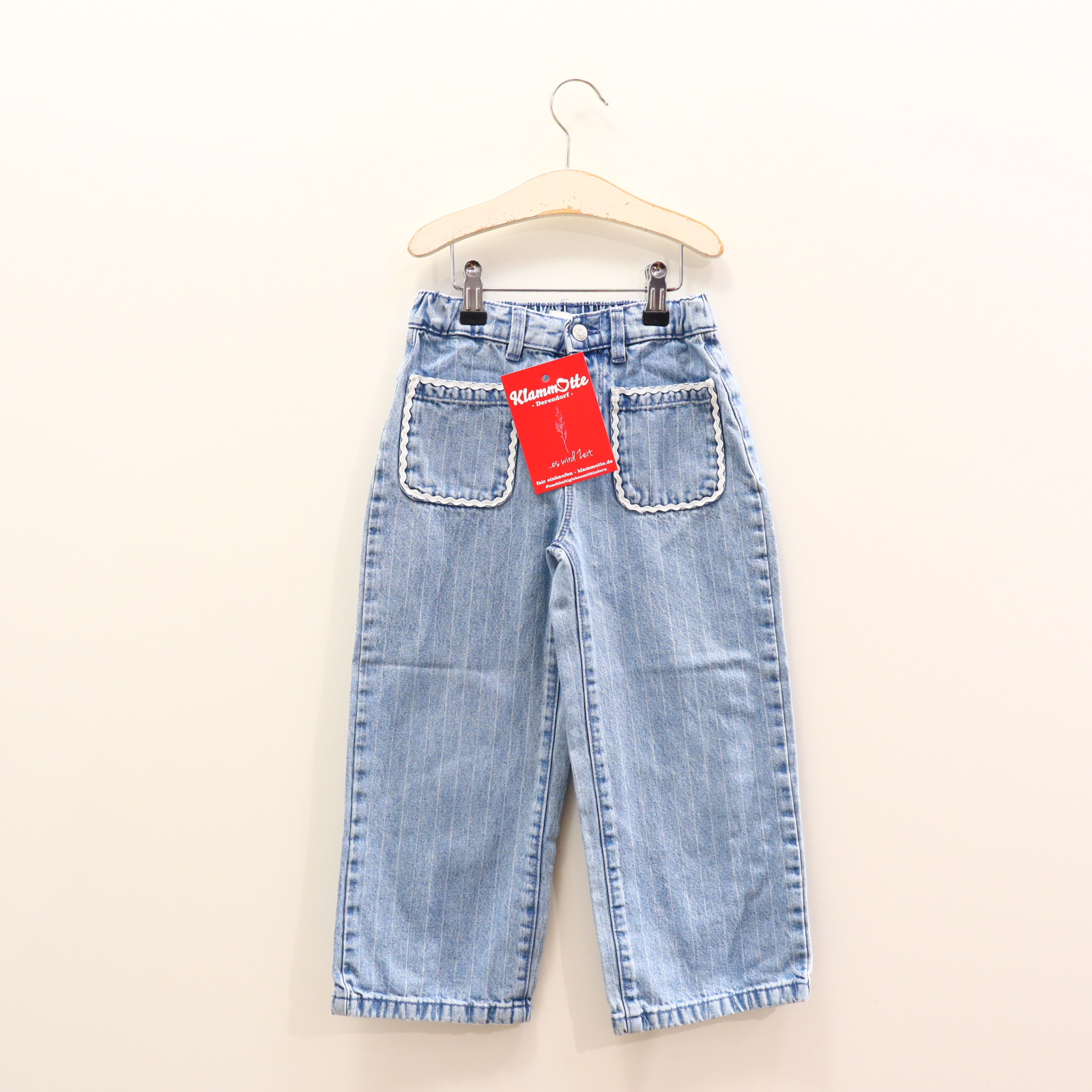 Hose ZARA Jeans 116 blau gestreift Denim Druckknopf/Gummibandzug Wide Leg