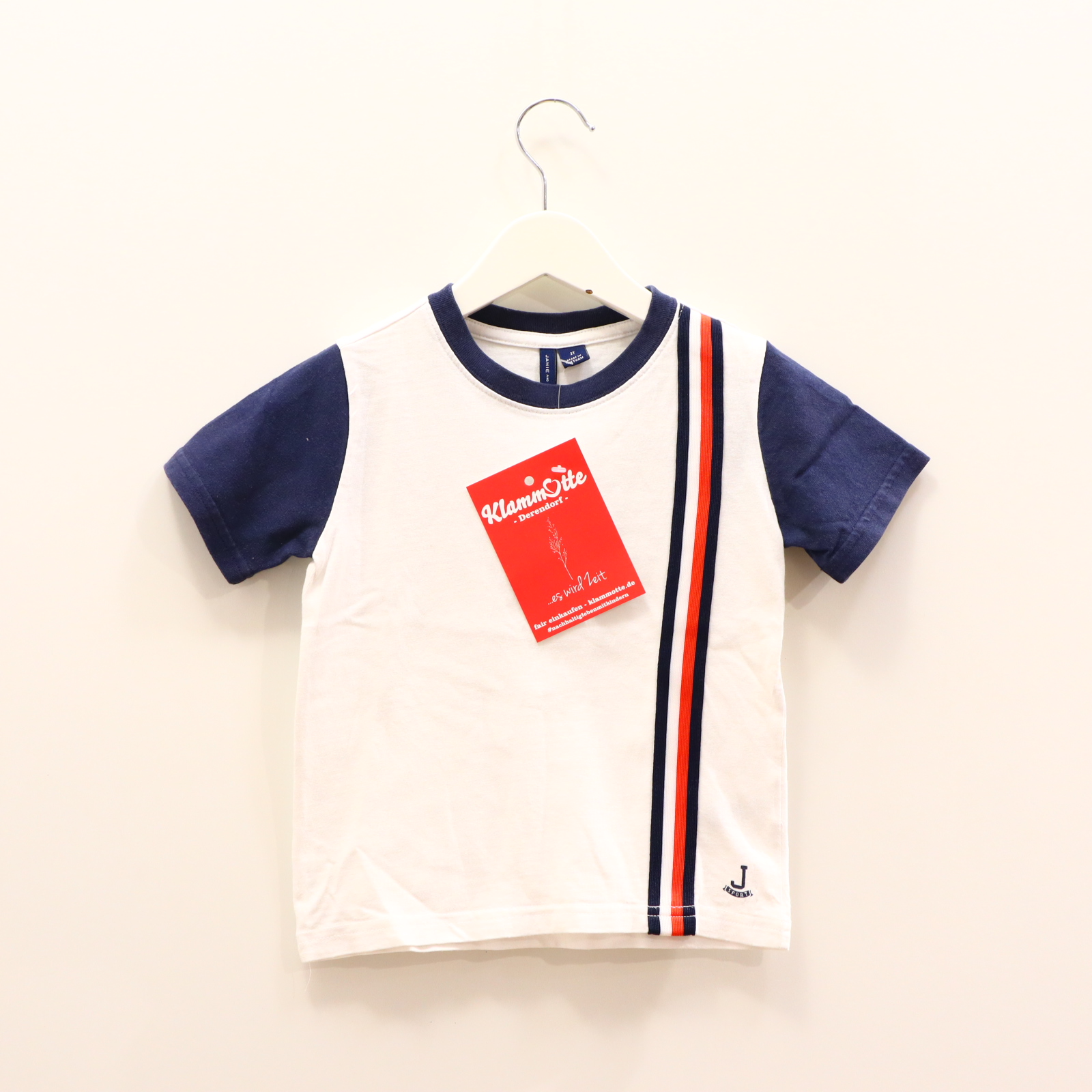 Oberteil JANIE AND JACK Gr. 92 kurzarm Shirt blau/weiß Baumwolle Borde/Logo/Print