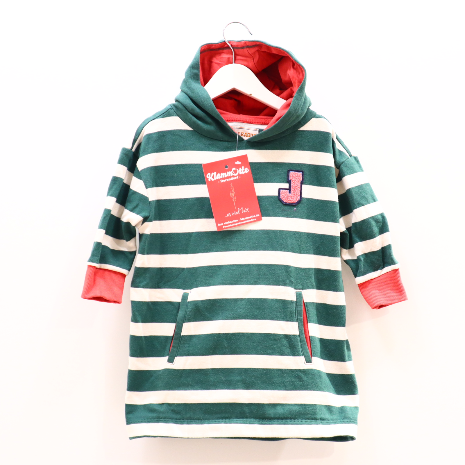 Kleider & Röcke TCM Sweatkleid 98/104 grün/weiß Applikation/gestreift Baumwolle/Polyester Kapuze