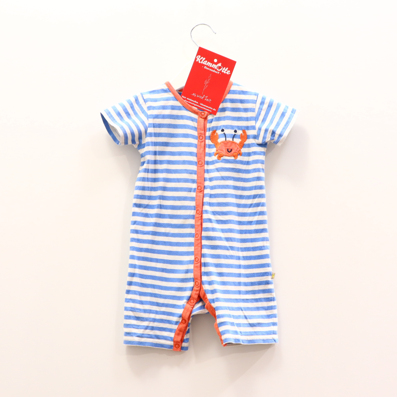 Hosen & Strampler frugi 68/74 blau/orange/weiß Applikation/gestreift Einteiler ohne Fuß/kurzarm/ohne Bein Bio-Baumwolle/Jersey Druckknopfverschluss vorne und im Schritt
